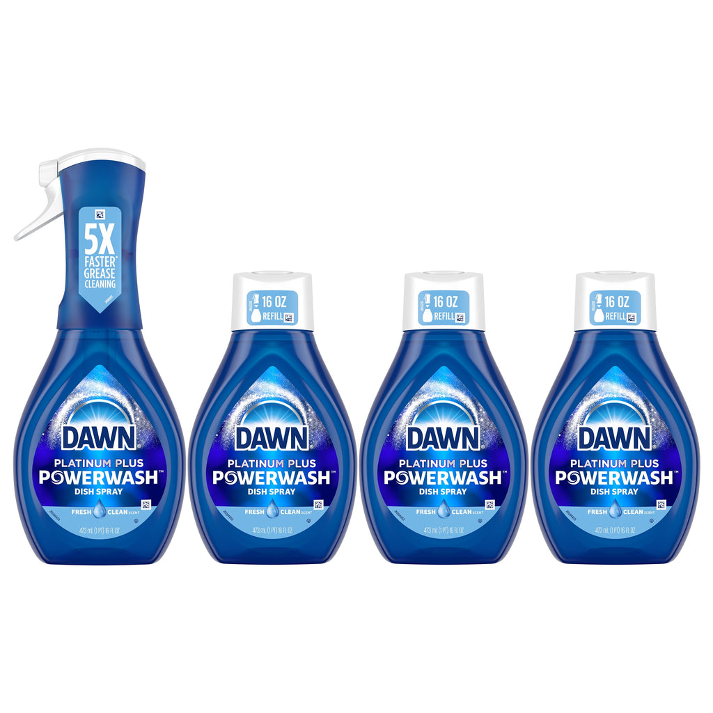 Dawn Powerwash Spray - Dish Soap, Dishwashing Liquid, Fresh, 1 Starter Kit + 3 Refills, 64 Fl Oz