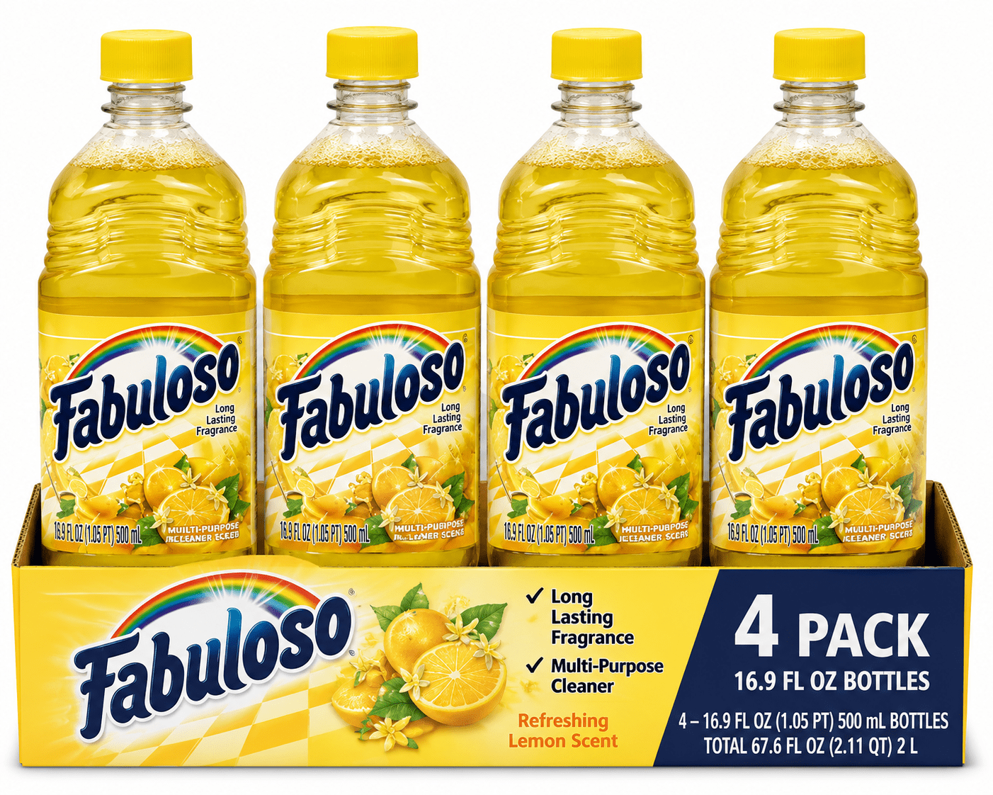 Fabuloso Multi-Purpose Cleaner - Refreshing Lemon Scent, 16.9 fl oz (Pack of 4) – Long-Lasting Multi-Surface Cleaner