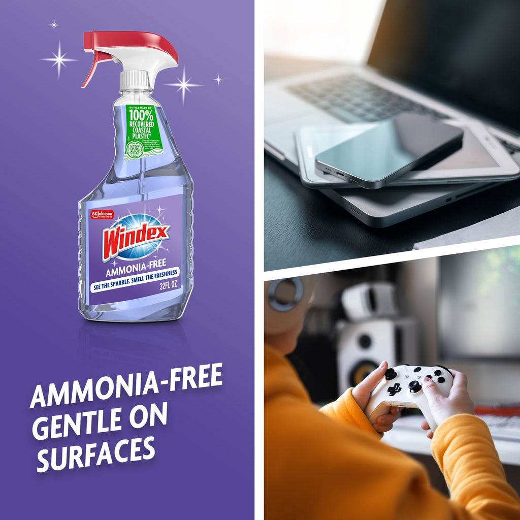 Windex Ammonia-Free Glass - Window, Mirror, and Windshield Cleaner, Crystal Rain Scent, Spray Bottle, 32 fl oz
