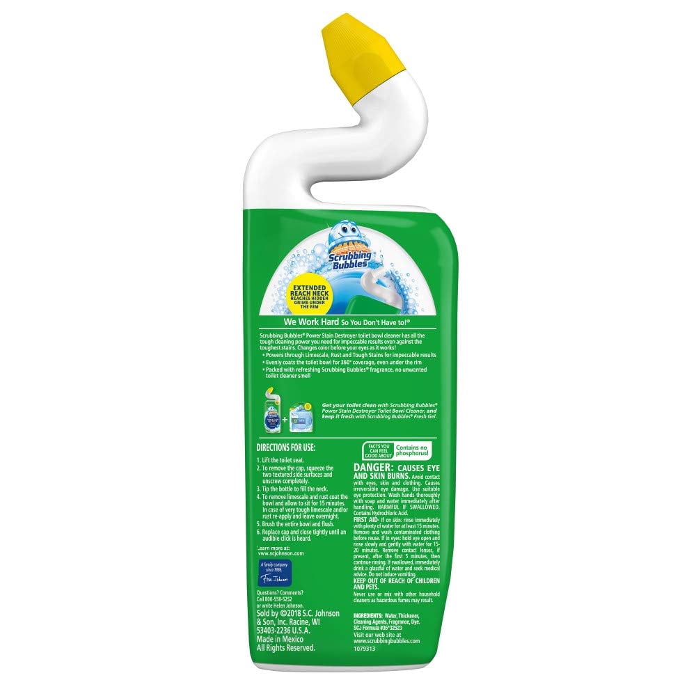Scrubbing Bubbles Toilet Bowl Cleaner and Power Stain Destroyer - Removes Limescale, Hard Water, and Stains. Extended Neck to ensure Freshness, Rainshower Scent, 24 oz - 3-Pack