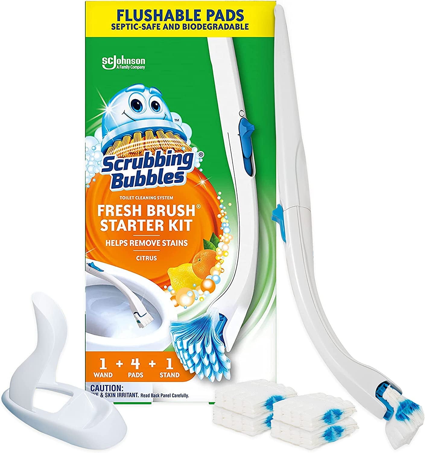Scrubbing Bubbles Fresh Brush Toilet Bowl Cleaning System Starter Kit - Stain Removing, Citrus Action Scent, Includes: Wand + 4 Refills + 1 Stand