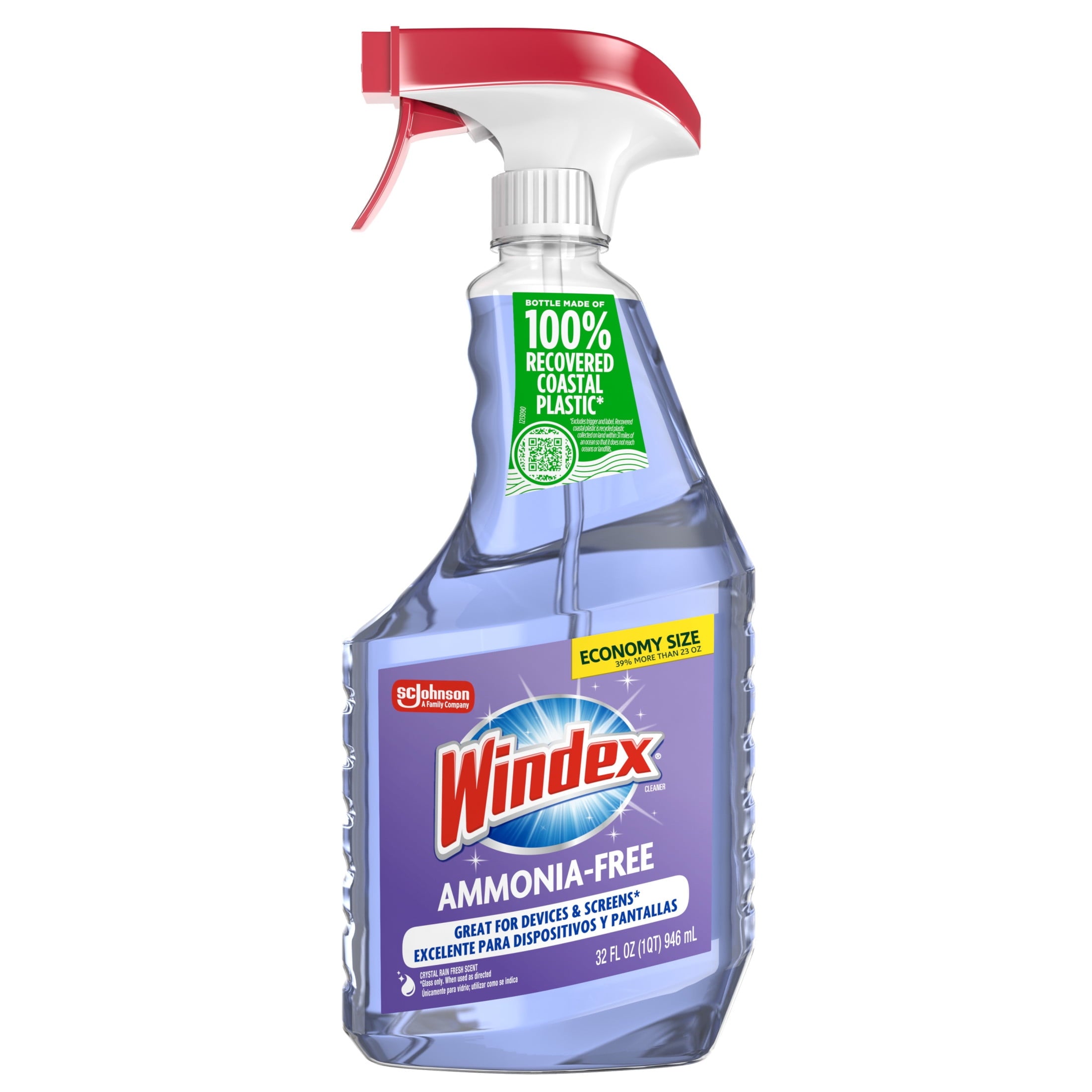 Windex Ammonia-Free Glass - Window, Mirror, and Windshield Cleaner, Crystal Rain Scent, Spray Bottle, 32 fl oz