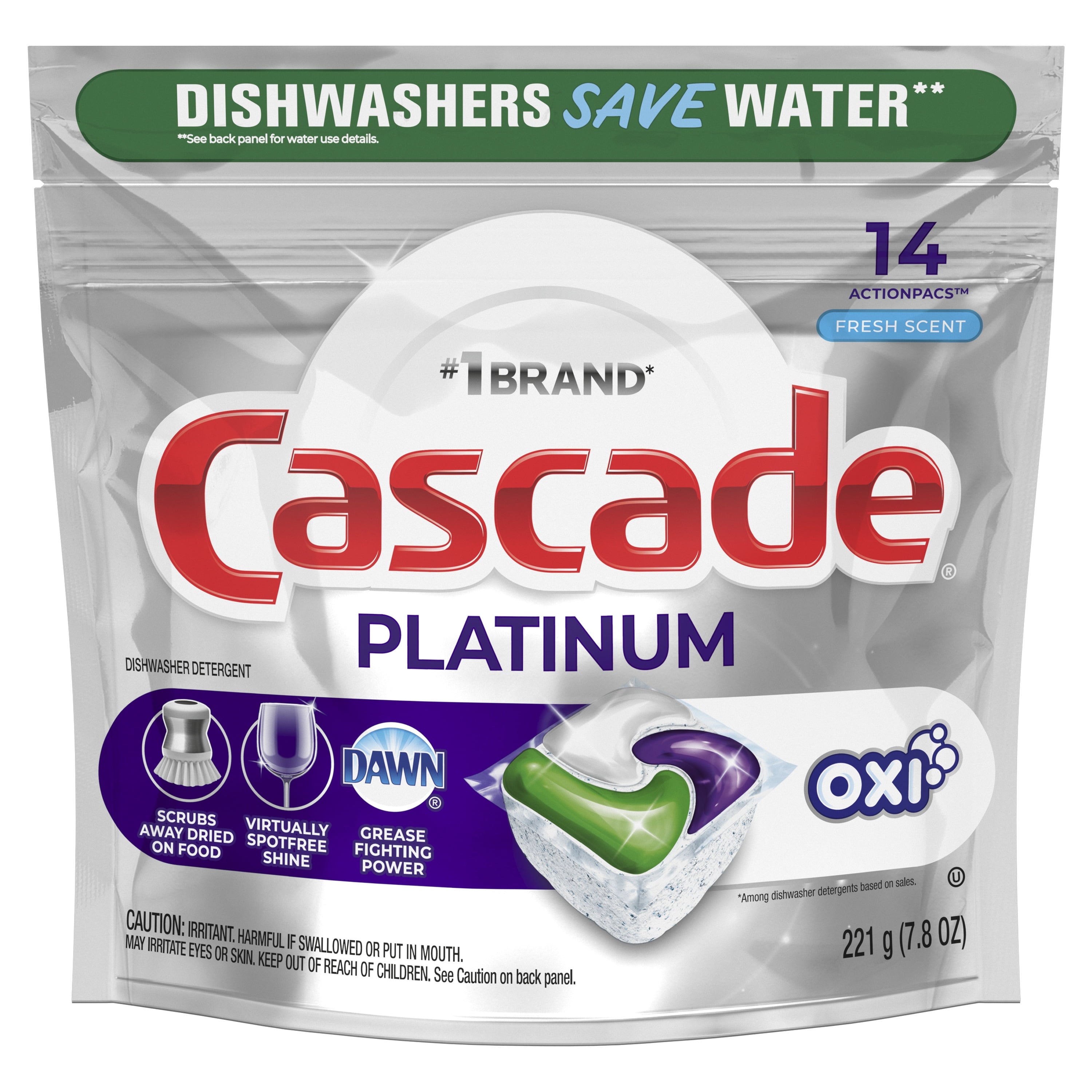 Cascade Platinum ActionPacs + Oxi - Dishwasher Detergent, Fresh Scent, 14 Count