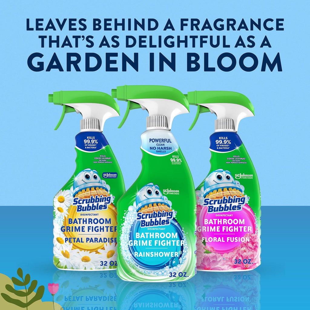 Scrubbing Bubbles Flowers & Showers - Bathroom Grime Fighter Spray, Rainshower, Petal Paradise, and Floral Fusion, 32 oz., 3 pk
