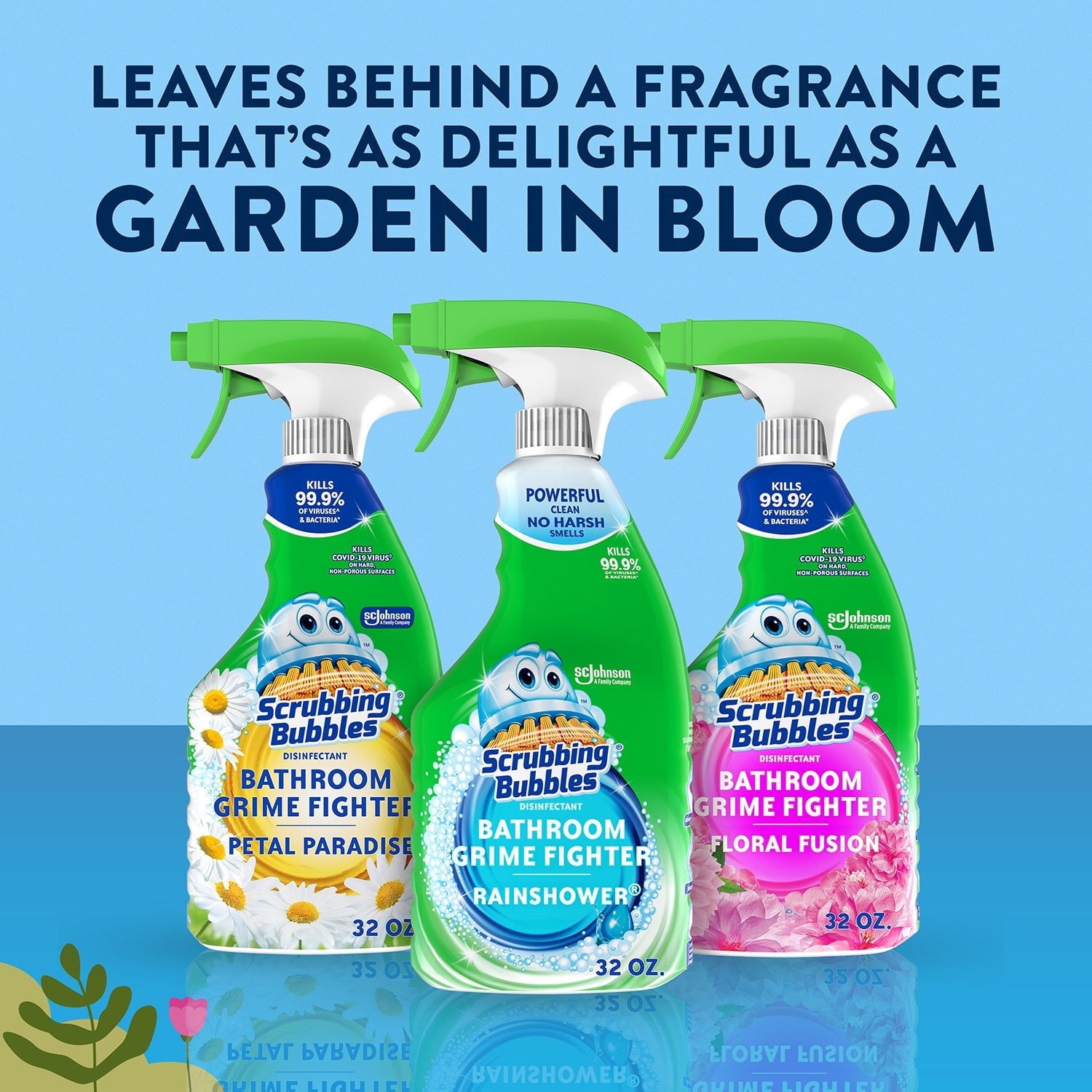 Scrubbing Bubbles Flowers & Showers - Bathroom Grime Fighter Spray, Rainshower, Petal Paradise, and Floral Fusion, 32 oz., 3 pk