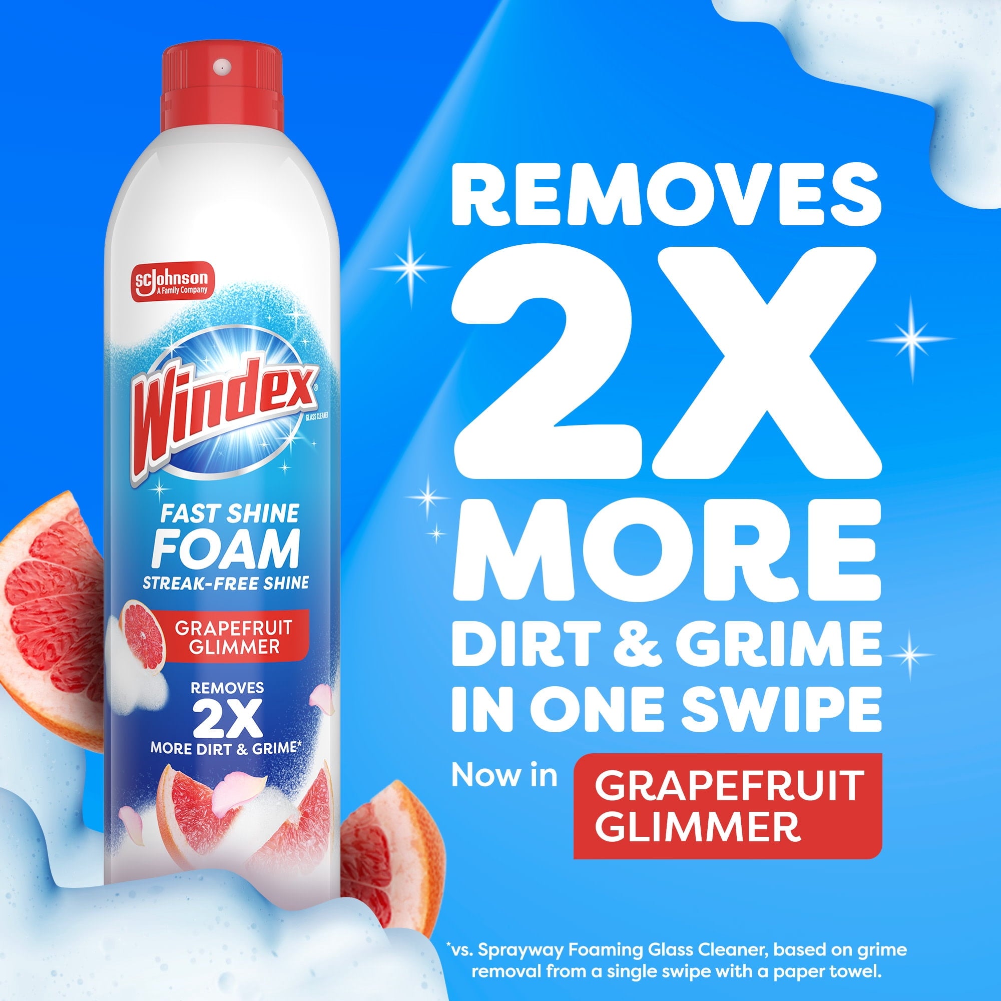 Windex Fast Shine Foam Glass - Window, and Mirror All-Purpose Cleaner, No-Drip Aerosol Cleaning Spray, Grapefruit, 19 oz