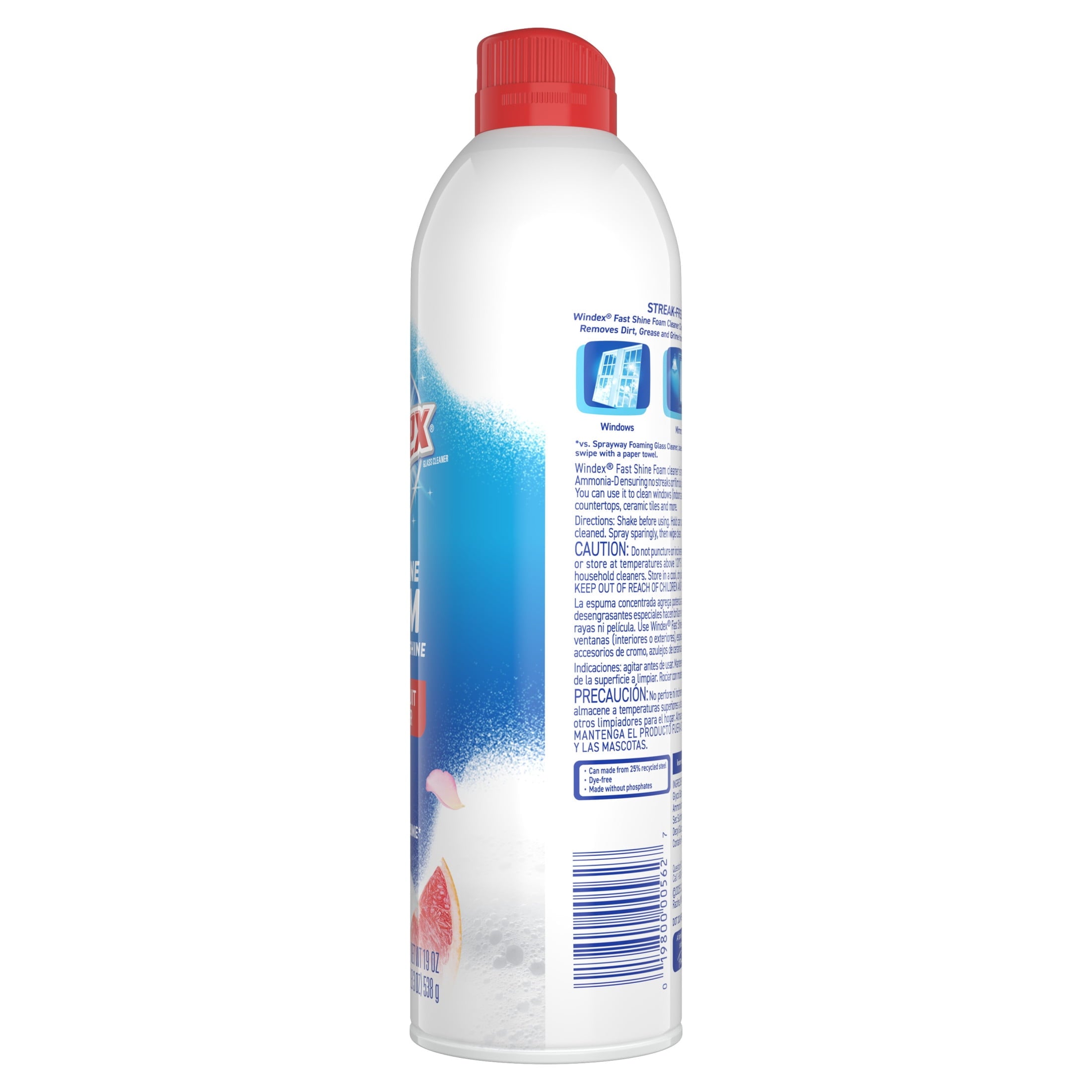 Windex Fast Shine Foam Glass - Window, and Mirror All-Purpose Cleaner, No-Drip Aerosol Cleaning Spray, Grapefruit, 19 oz
