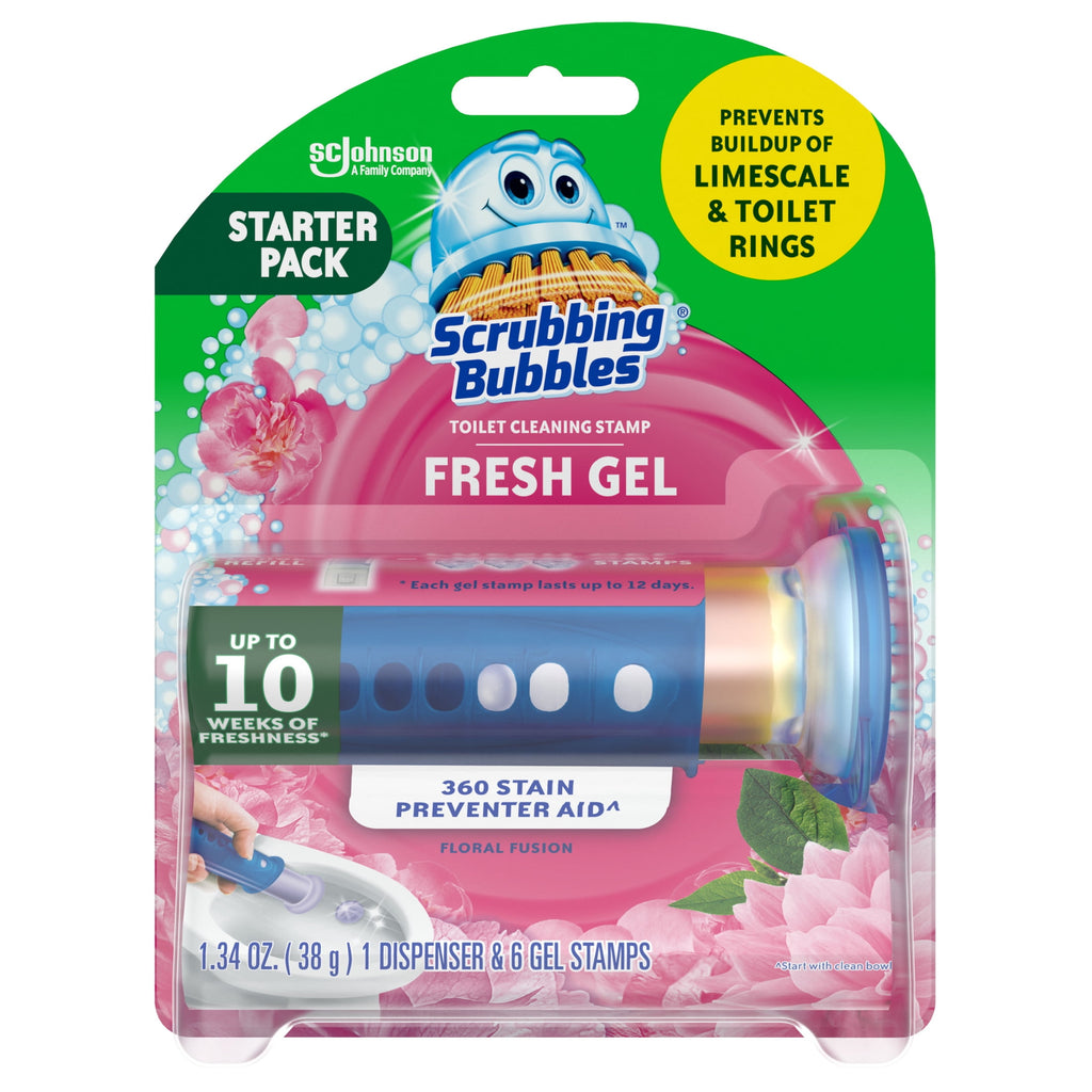 Scrubbing Bubbles Fresh Gel Toilet Cleaning Stamp - Floral Fusion, Dispenser with 6 Gel Stamps, 1.34 oz