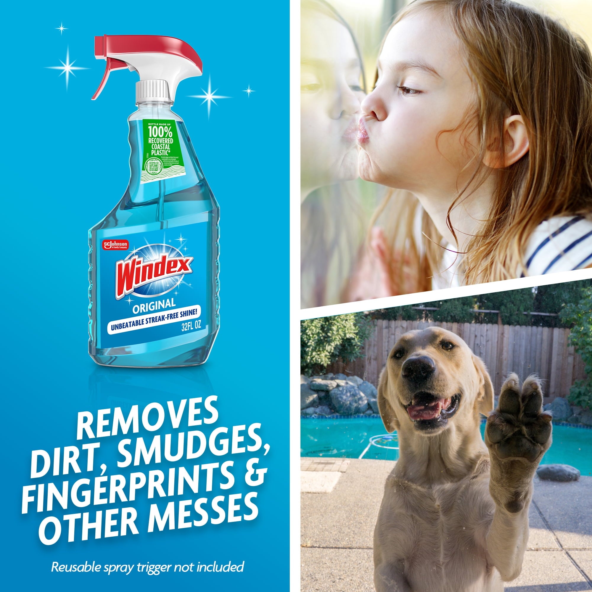 Windex Glass - Window, and Mirror Cleaner, Original Blue, Spray Bottle, 32 fl oz.