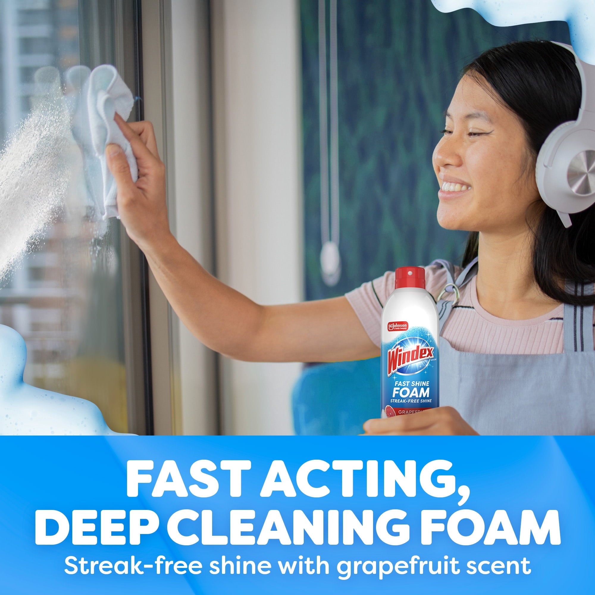 Windex Fast Shine Foam Glass - Window, and Mirror All-Purpose Cleaner, No-Drip Aerosol Cleaning Spray, Grapefruit, 19 oz