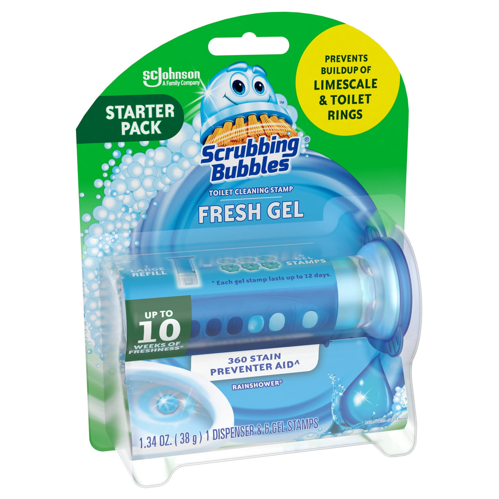 Scrubbing Bubbles Automatic Toilet Bowl Cleaner - Fresh Gel Cleaning Stamp, Rainshower, Dispenser & 6 Gel Stamps