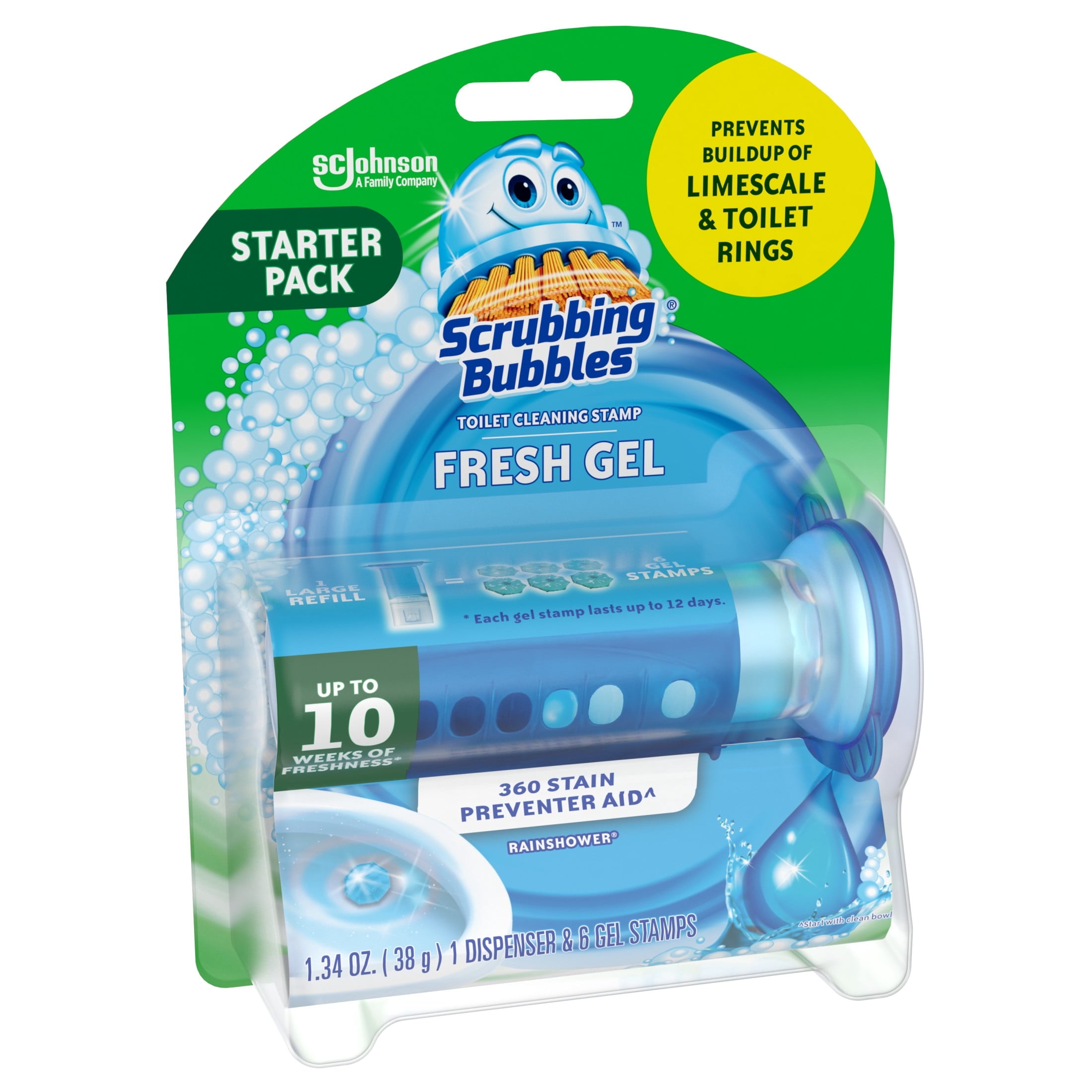 Scrubbing Bubbles Automatic Toilet Bowl Cleaner - Fresh Gel Cleaning Stamp, Rainshower, Dispenser & 6 Gel Stamps