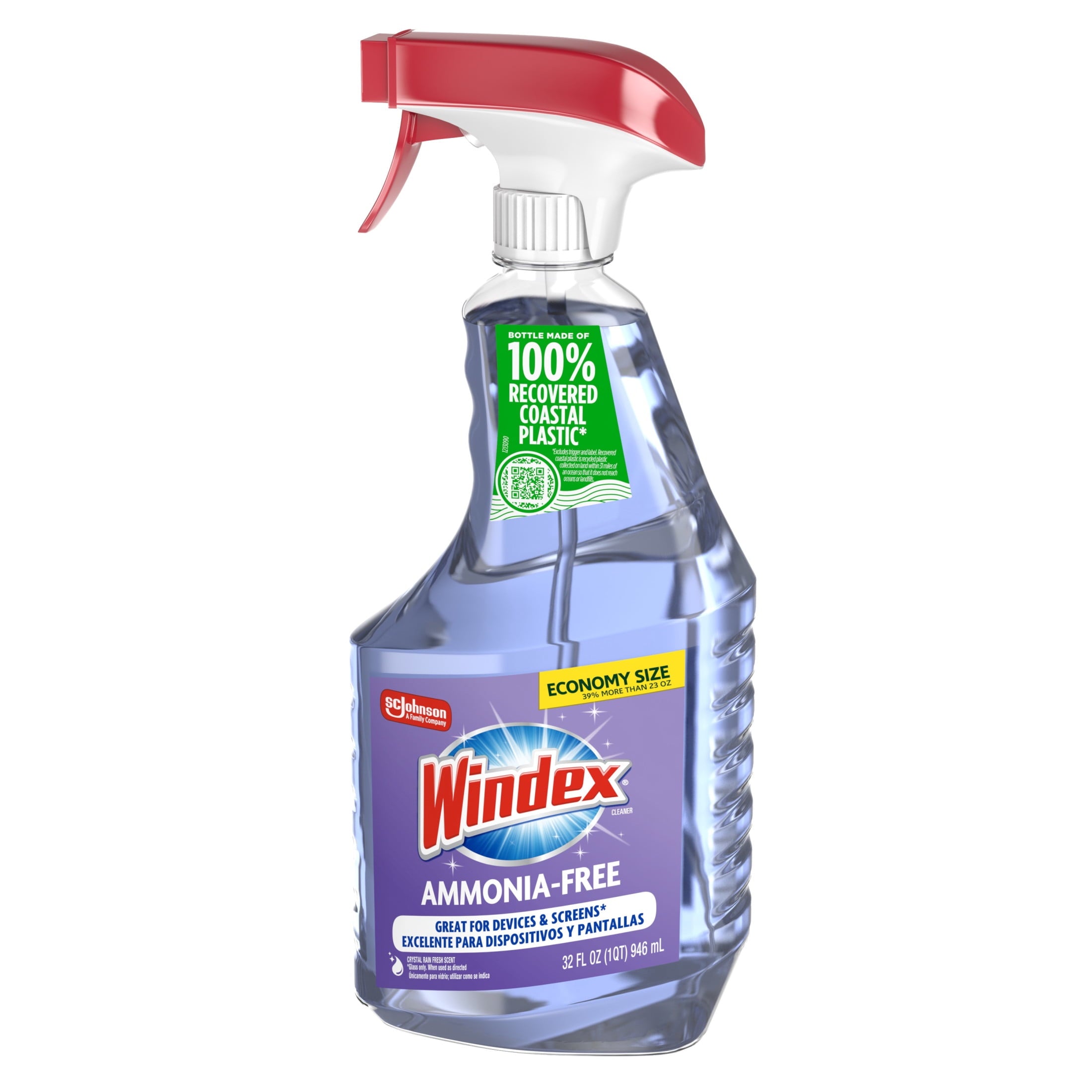 Windex Ammonia-Free Glass - Window, Mirror, and Windshield Cleaner, Crystal Rain Scent, Spray Bottle, 32 fl oz