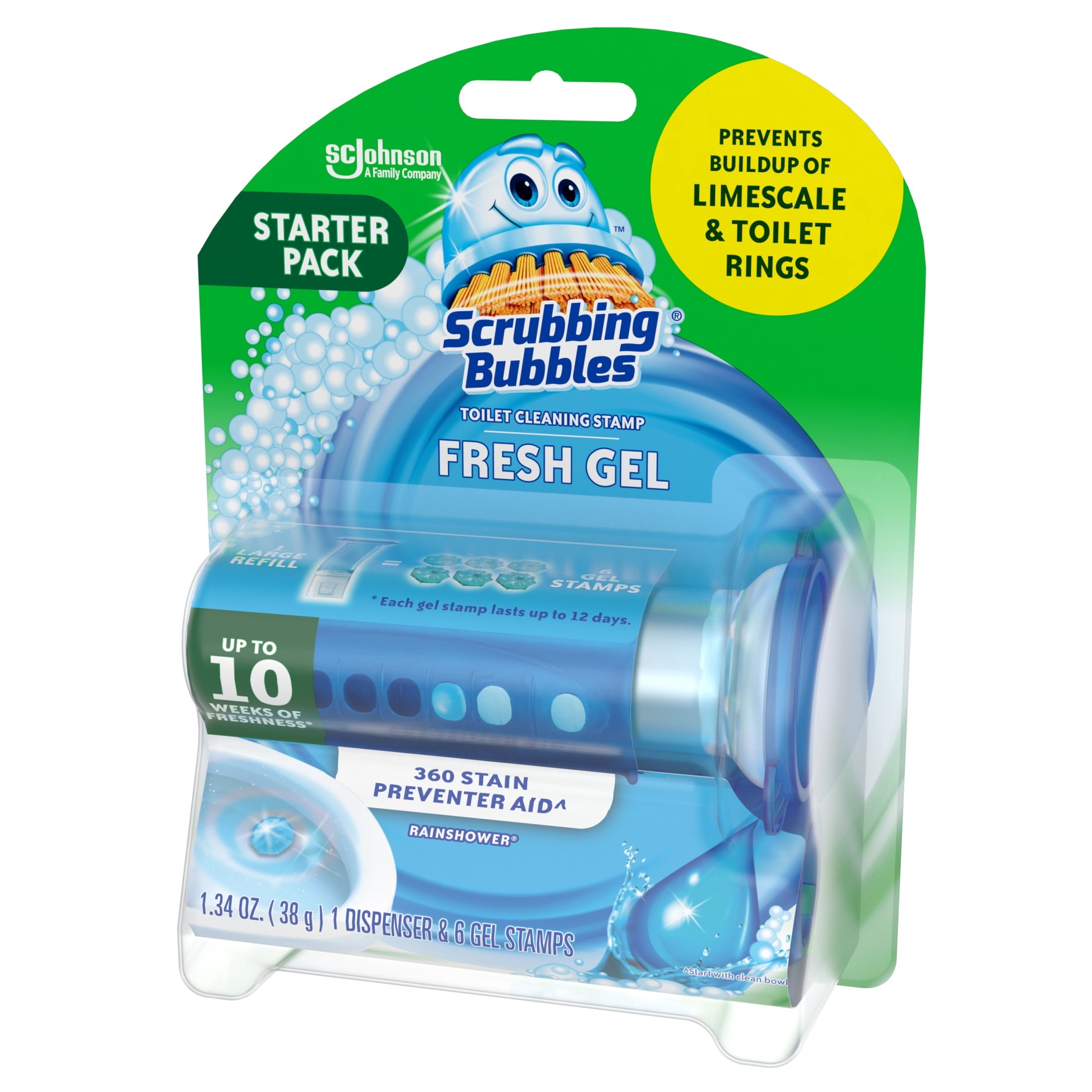 Scrubbing Bubbles Automatic Toilet Bowl Cleaner - Fresh Gel Cleaning Stamp, Rainshower, Dispenser & 6 Gel Stamps