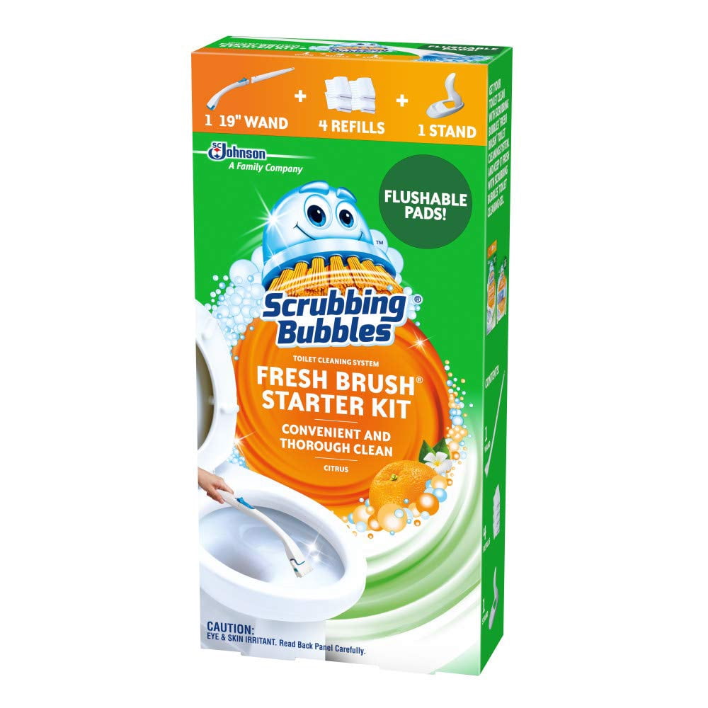 Scrubbing Bubbles Fresh Brush Toilet Bowl Cleaning System Starter Kit - Stain Removing, Citrus Action Scent, Includes: Wand + 4 Refills + 1 Stand
