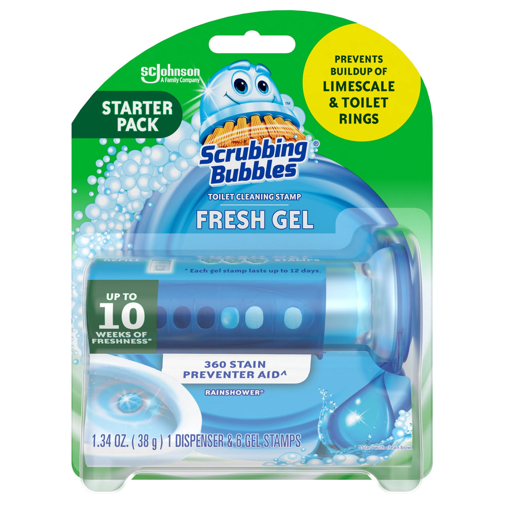Scrubbing Bubbles Automatic Toilet Bowl Cleaner - Fresh Gel Cleaning Stamp, Rainshower, Dispenser & 6 Gel Stamps
