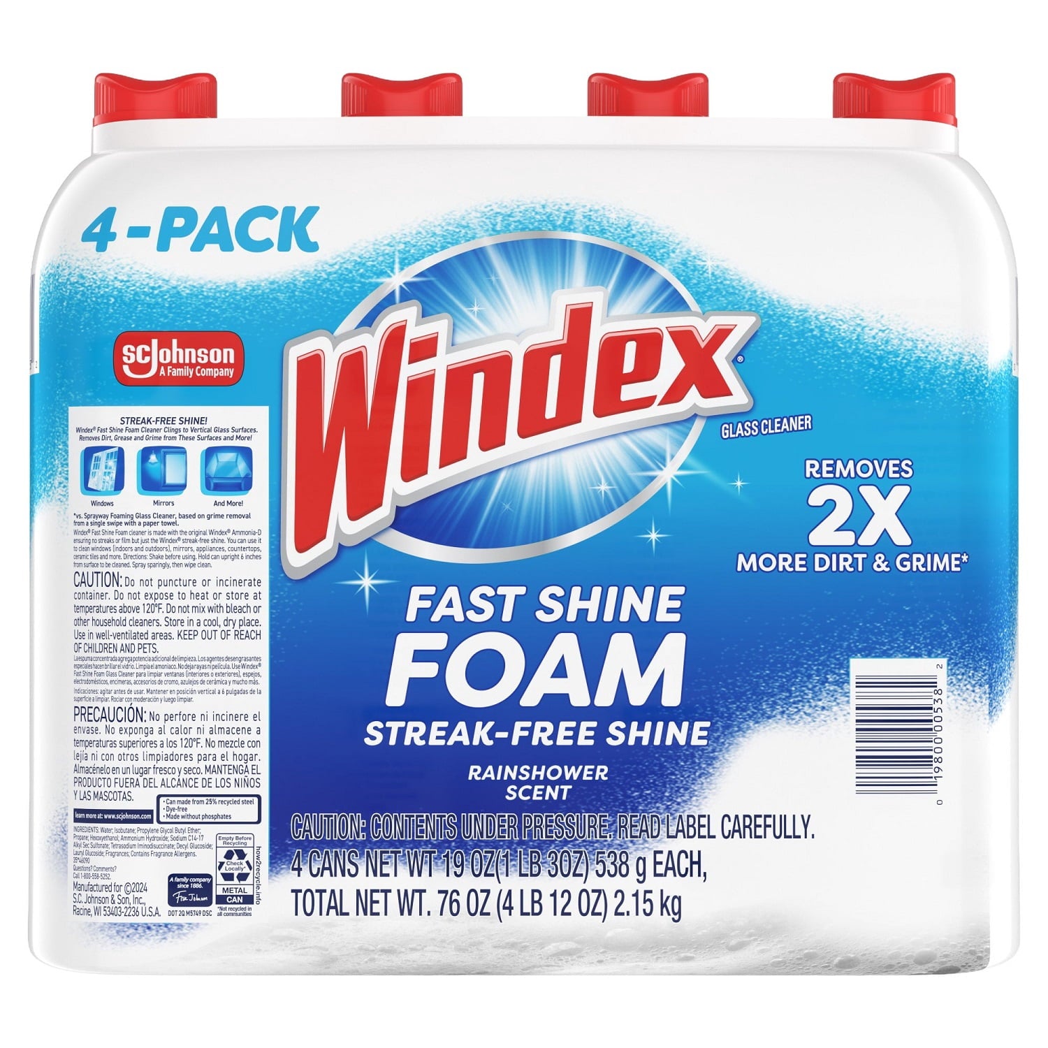Windex Fast Shine Foam Glass Cleaner - Rainshower Scent, 19 Ounce (Pack of 4)