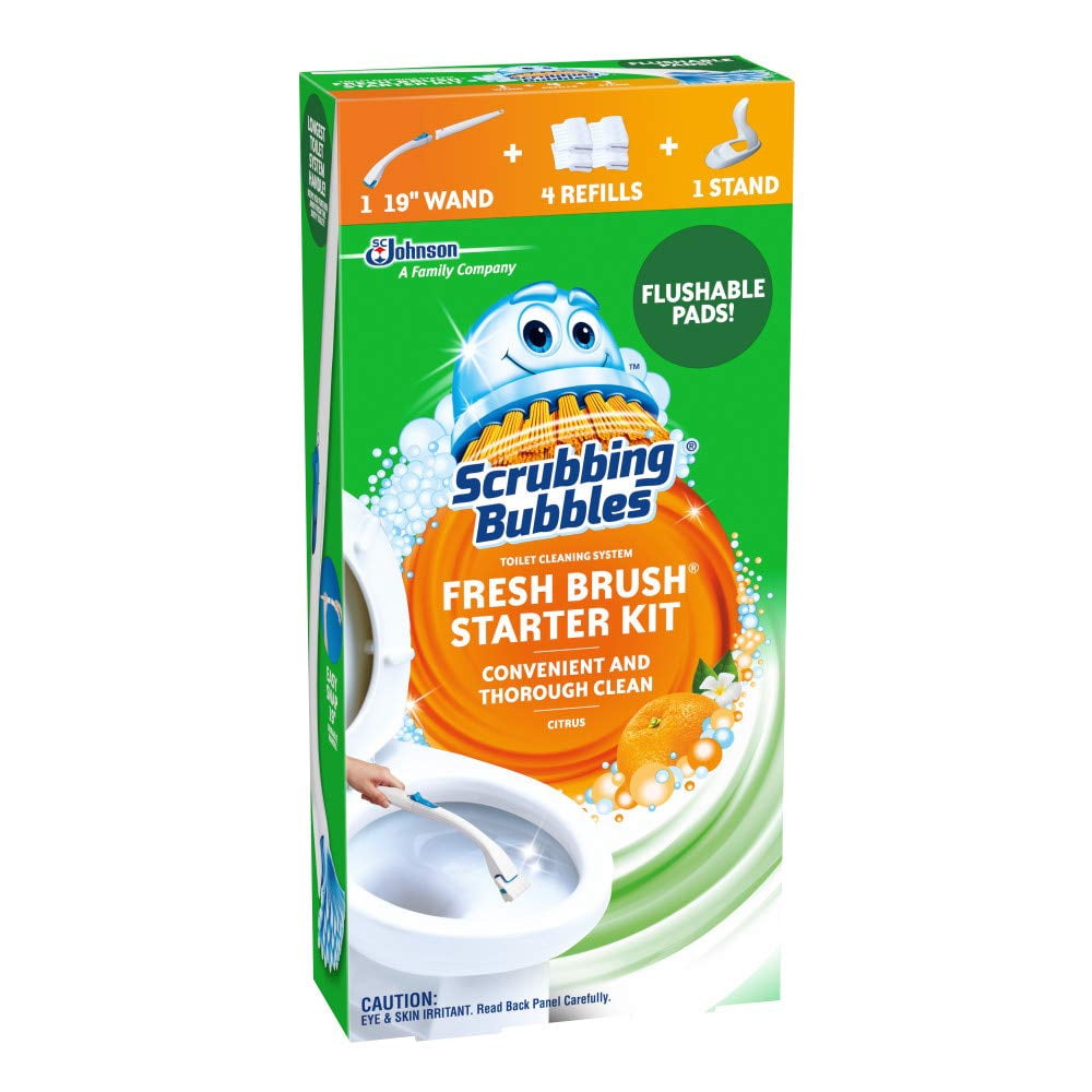 Scrubbing Bubbles Fresh Brush Toilet Bowl Cleaning System Starter Kit - Stain Removing, Citrus Action Scent, Includes: Wand + 4 Refills + 1 Stand