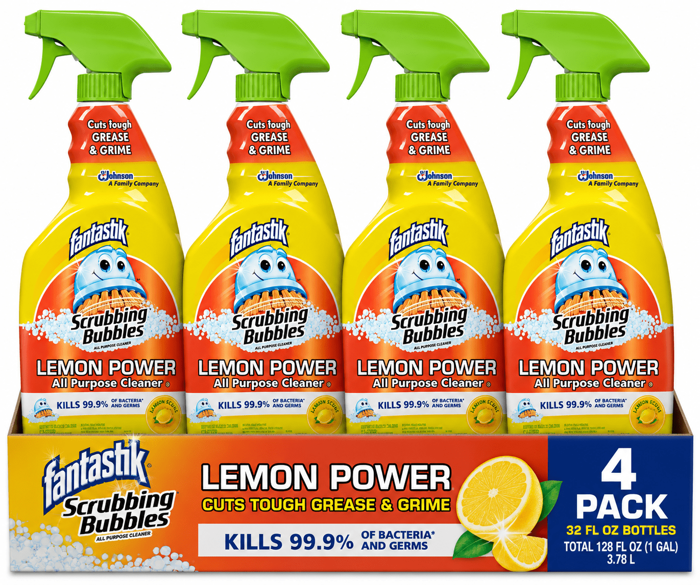 Fantastik Scrubbing Bubbles Lemon Power All-Purpose Cleaner Spray - 32 fl oz Bottles, Kills 99.9% of Bacteria & Germs, Pack of 4