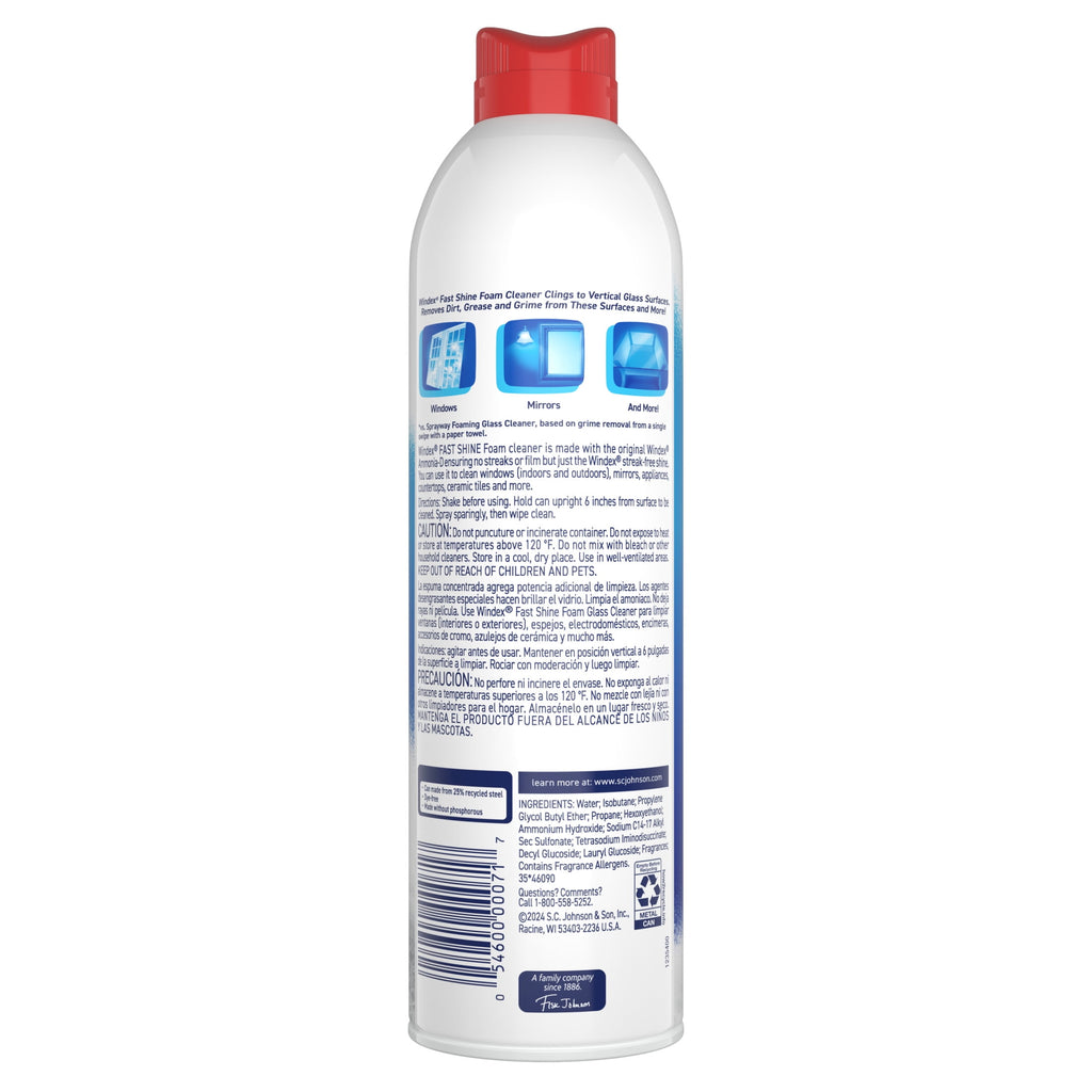 Windex Fast Shine Foam Glass - Window, and Mirror All-Purpose Cleaner, No-Drip Aerosol Cleaning Spray, 19 oz