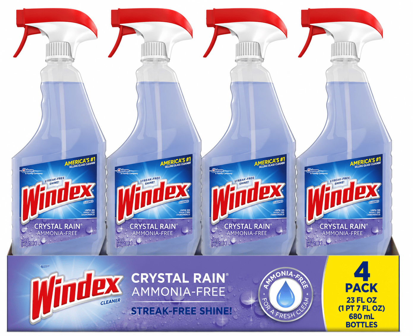 Windex Crystal Rain Glass Cleaner - Ammonia-Free Streak-Free Spray Cleaner, 23 fl oz Trigger Bottles, Pack of 4