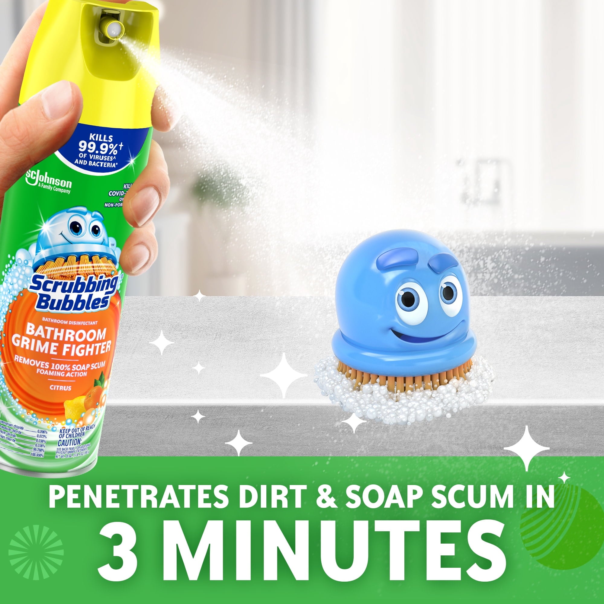 Scrubbing Bubbles Disinfectant Bathroom Shower & Tub Cleaner Grime Fighter Aerosol Spray - Citrus, 20 oz