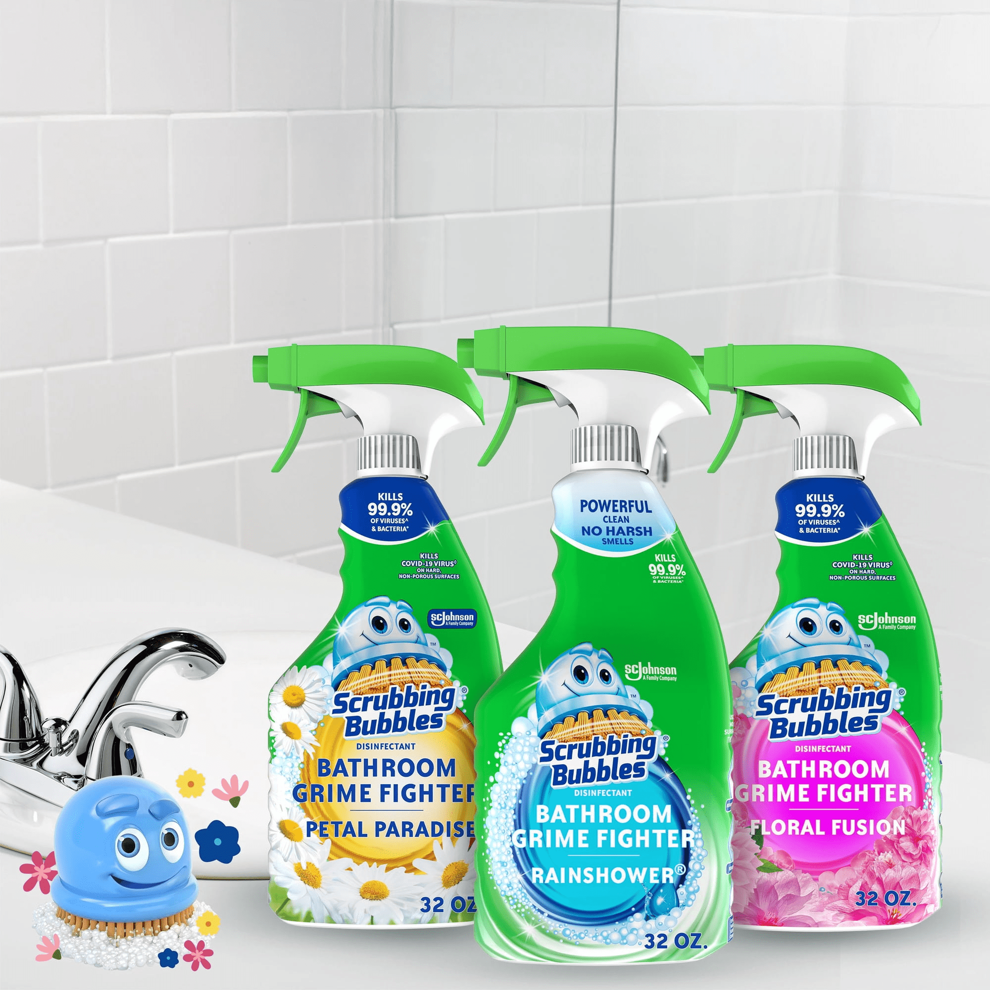 Scrubbing Bubbles Flowers & Showers - Bathroom Grime Fighter Spray, Rainshower, Petal Paradise, and Floral Fusion, 32 oz., 3 pk.