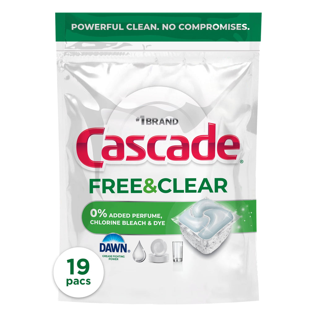 Cascade Free & Clear Dishwasher Pods - Dish Detergent Soap, Unscented, 19 Count