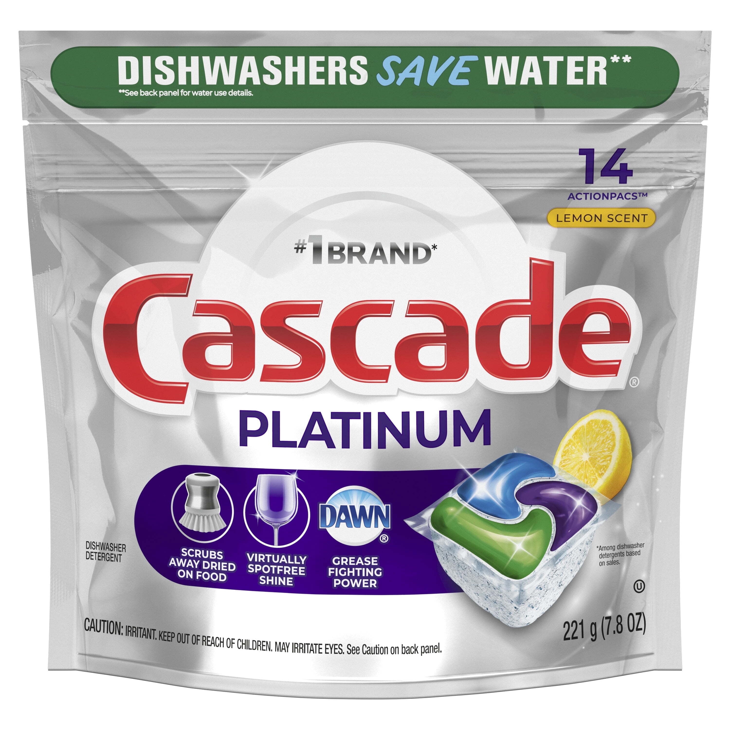 Cascade Platinum Dishwasher Pods - Action Pacs Dishwasher Detergent, Dishwasher Tabs, Lemon, 14 Count