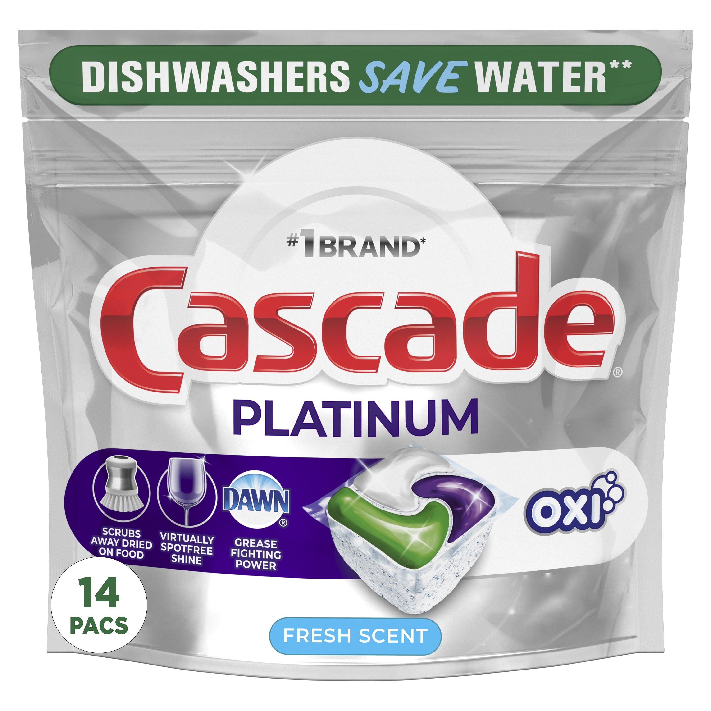 Cascade Platinum ActionPacs + Oxi - Dishwasher Detergent, Fresh Scent, 14 Count