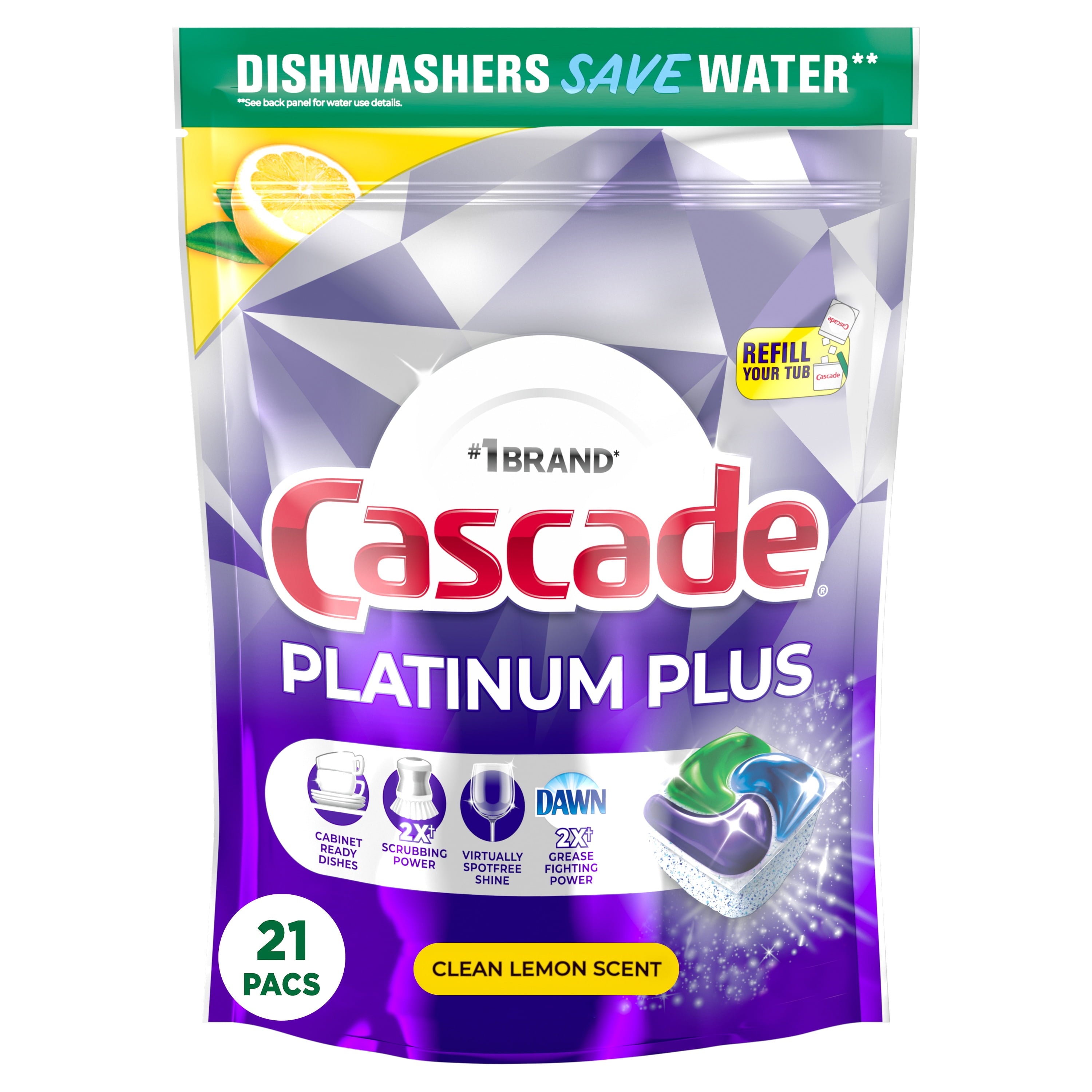 Cascade Platinum Plus Dishwasher Pods - Dish Detergent ActionPacs, Clean Lemon, 21 Count
