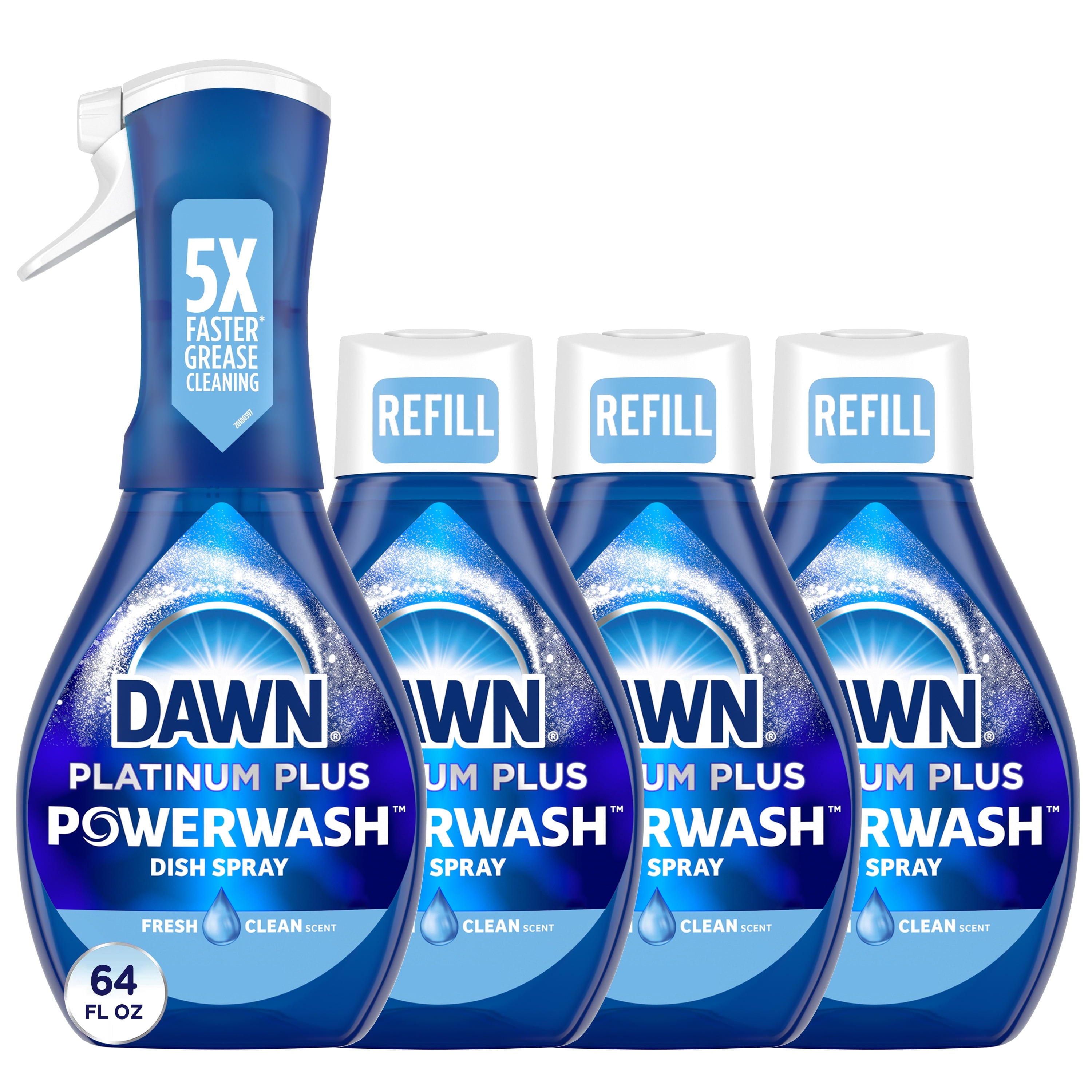 Dawn Powerwash Spray - Dish Soap, Dishwashing Liquid, Fresh, 1 Starter Kit + 3 Refills, 64 Fl Oz