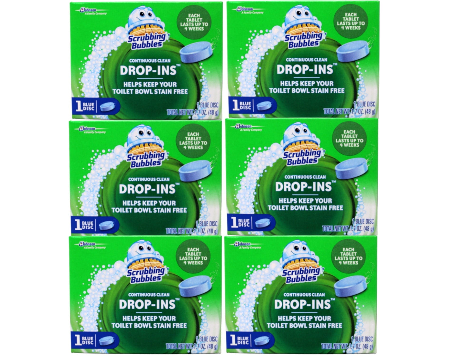 Scrubbing Bubbles Continuous Clean Drop-Ins - One Toilet Bowl Cleaner Tablet Lasts Up to 4 Weeks - 1 Blue Disc, 1.7 oz, - 6 Pack