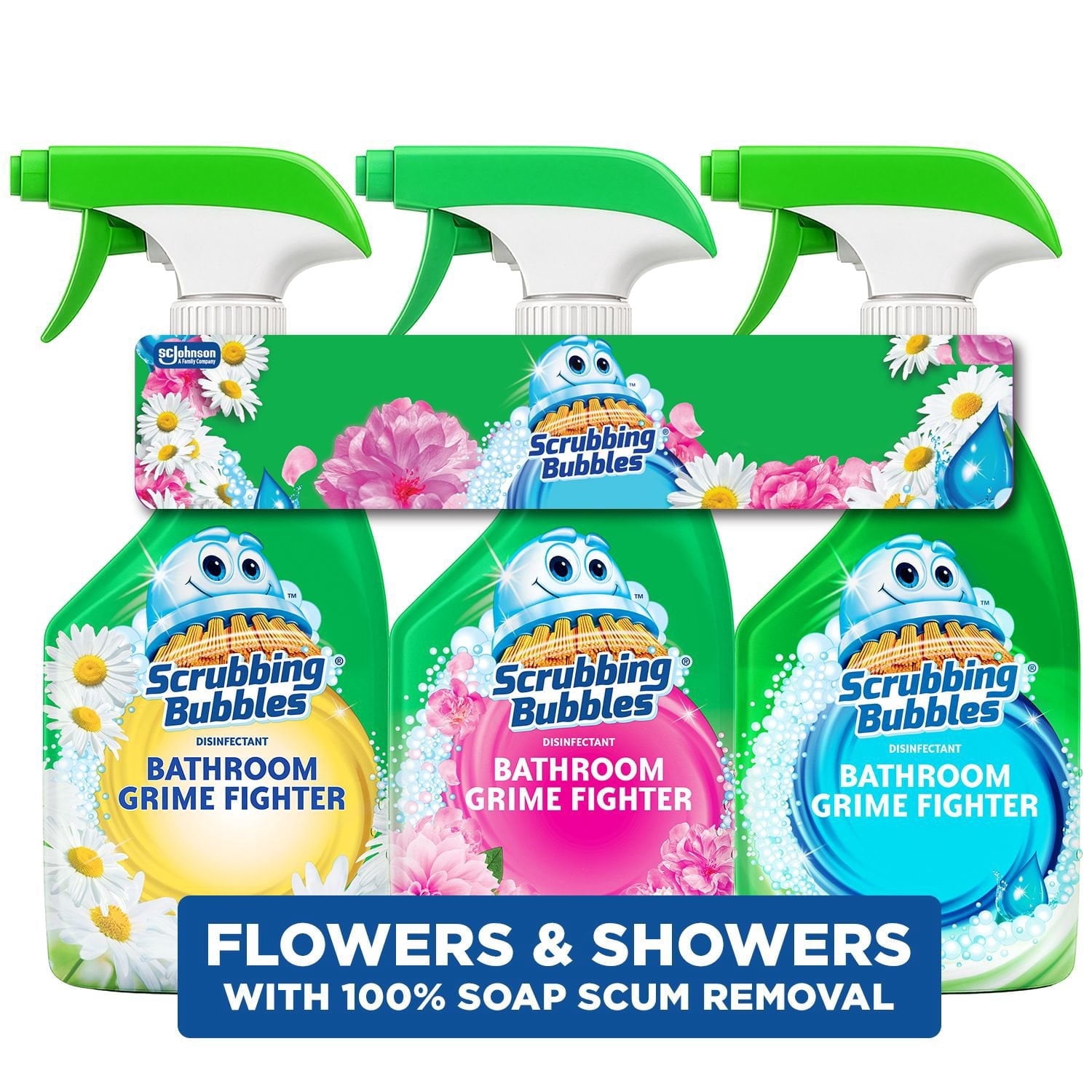Scrubbing Bubbles Flowers & Showers - Bathroom Grime Fighter Spray, Rainshower, Petal Paradise, and Floral Fusion, 32 oz., 3 pk