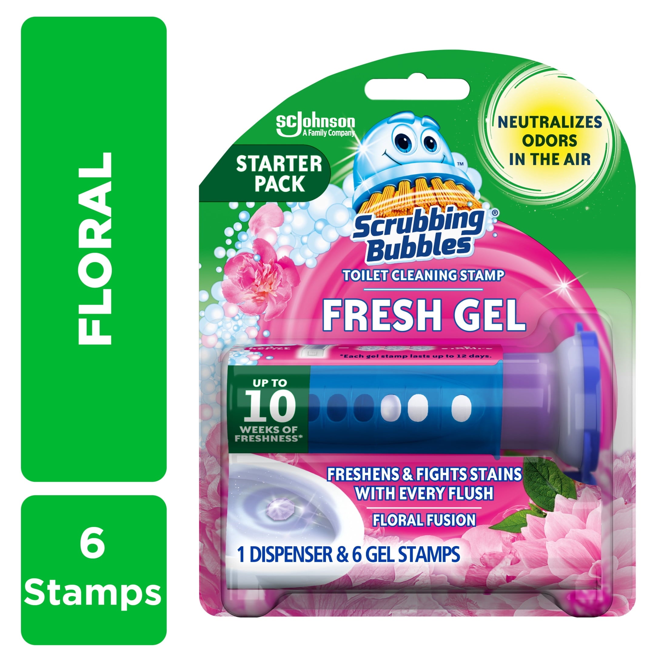 Scrubbing Bubbles Fresh Gel Toilet Cleaning Stamp - Floral Fusion, Dispenser with 6 Gel Stamps, 1.34 oz
