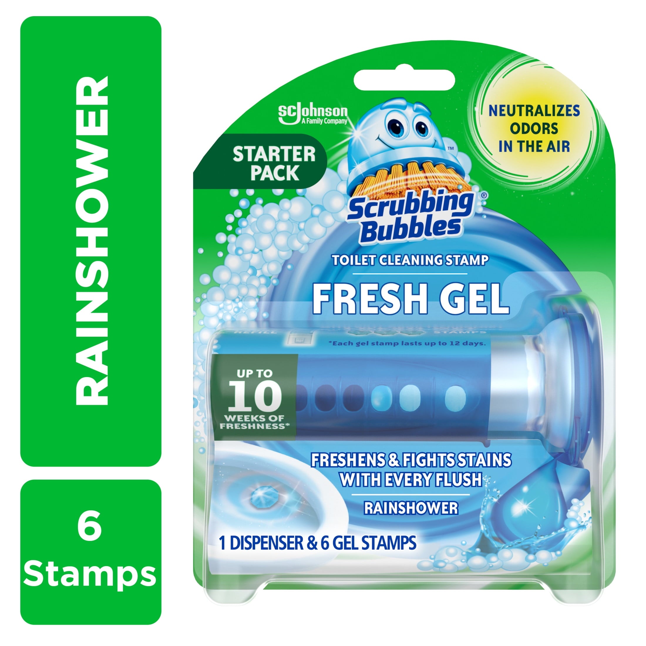 Scrubbing Bubbles Automatic Toilet Bowl Cleaner - Fresh Gel Cleaning Stamp, Rainshower, Dispenser & 6 Gel Stamps