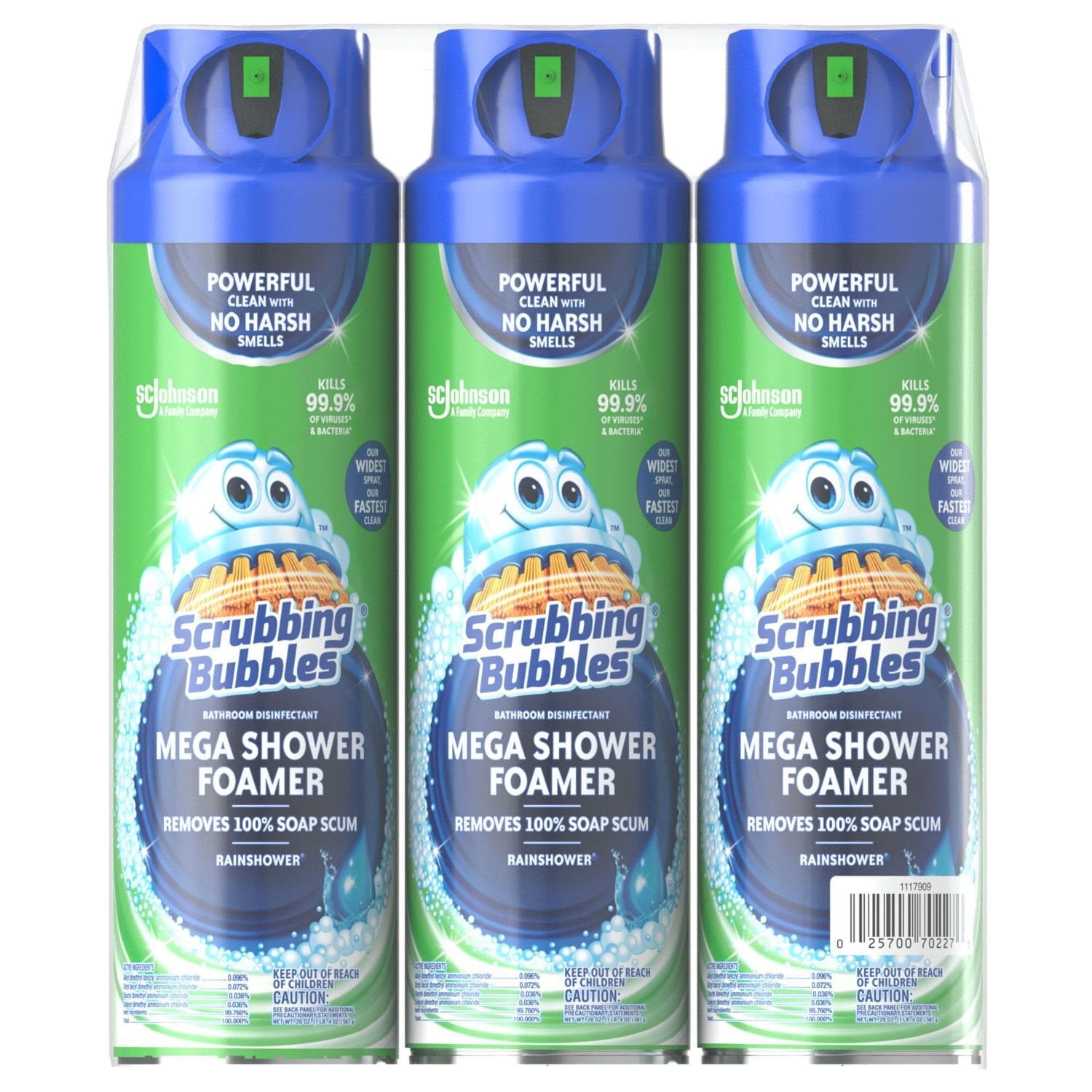 Scrubbing Bubbles Mega Shower Aerosol - Disinfectant Spray, Rainshower Scent, 20 oz., 3 Count.
