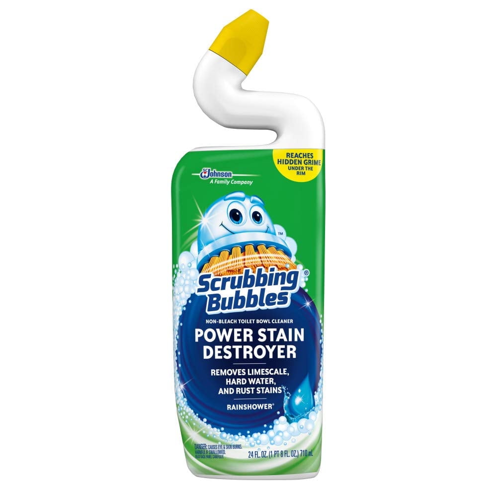 Scrubbing Bubbles Toilet Bowl Cleaner and Power Stain Destroyer - Removes Limescale, Hard Water, and Stains. Extended Neck to ensure Freshness, Rainshower Scent, 24 oz