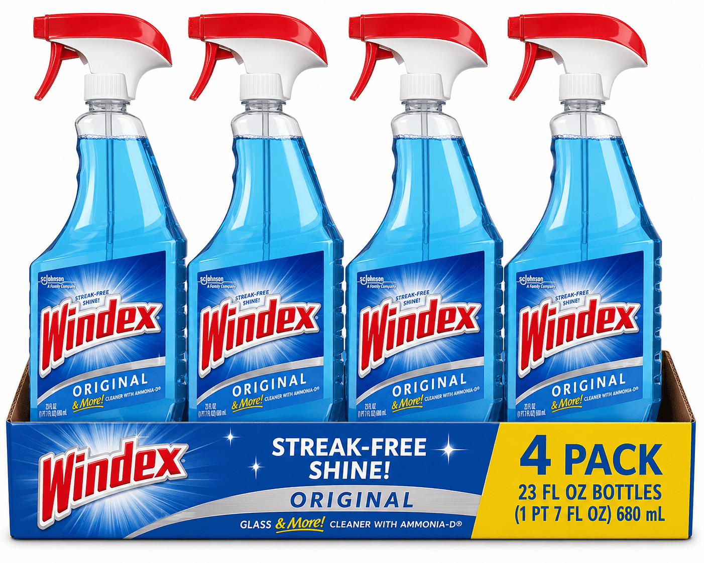 Windex Original Glass & More Cleaner with Ammonia-D - 23 fl oz (Pack of 4) – Streak-Free Glass & Multi-Surface Cleaner Spray