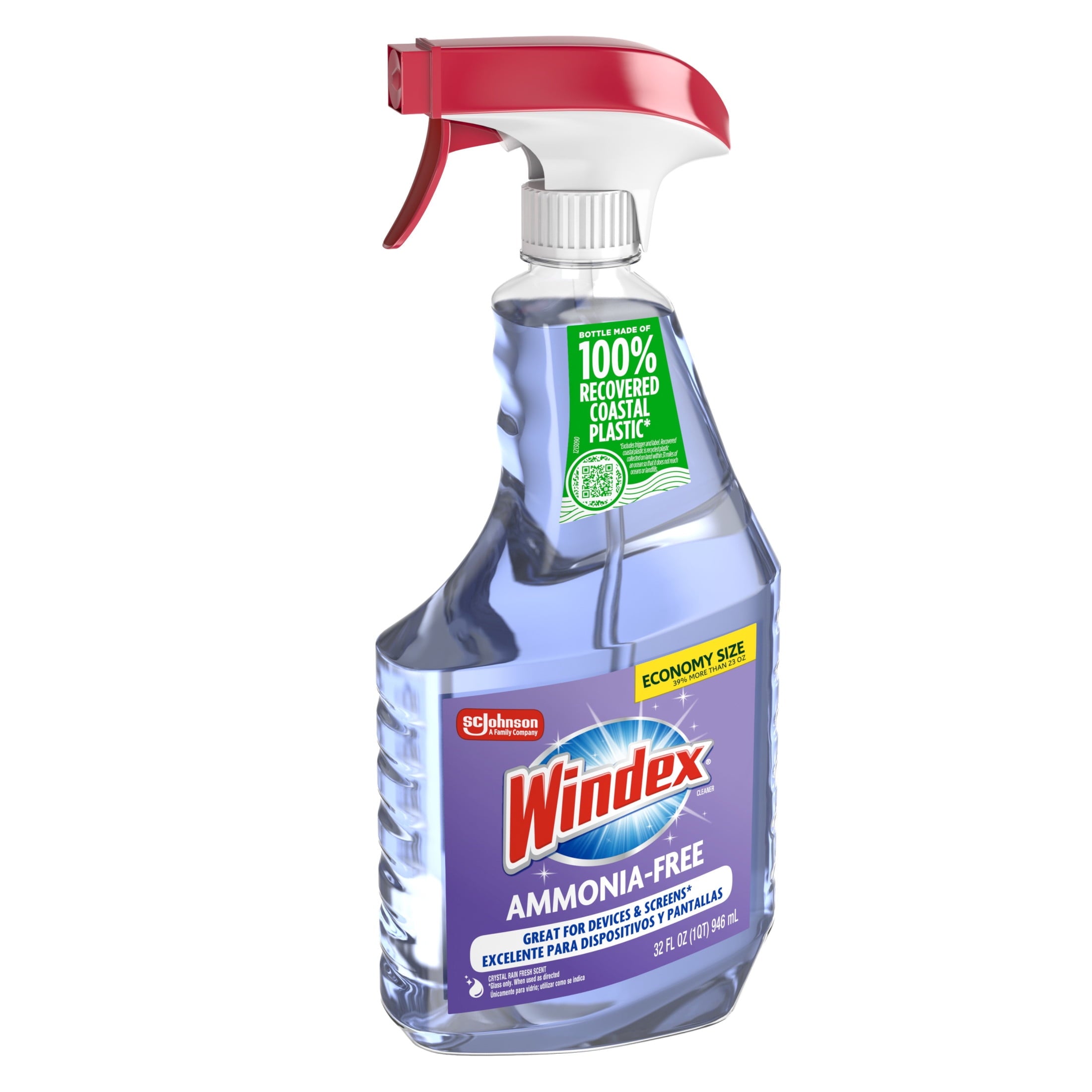 Windex Ammonia-Free Glass - Window, Mirror, and Windshield Cleaner, Crystal Rain Scent, Spray Bottle, 32 fl oz
