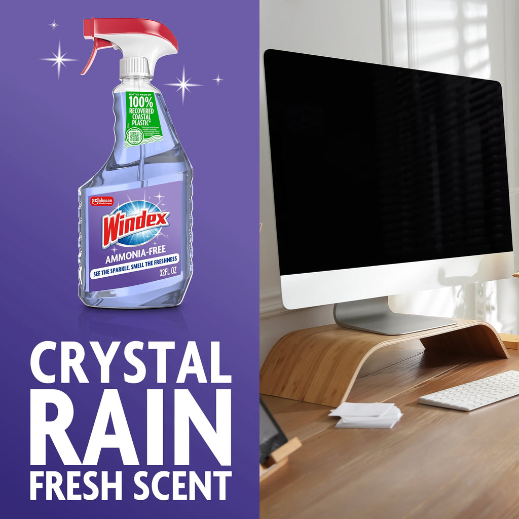 Windex Ammonia-Free Glass - Window, Mirror, and Windshield Cleaner, Crystal Rain Scent, Spray Bottle, 32 fl oz