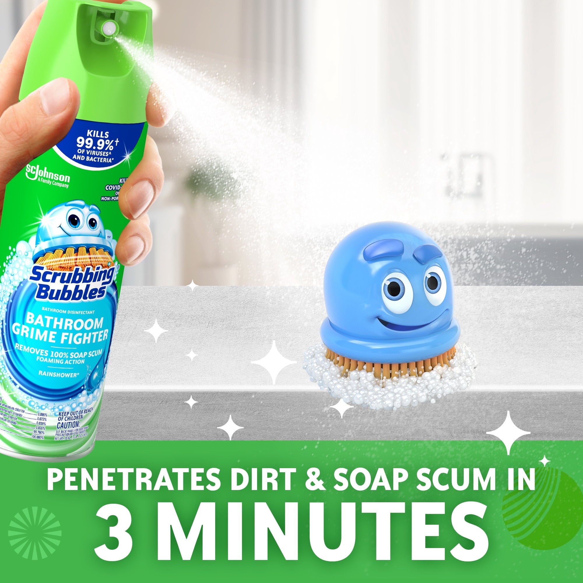 Scrubbing Bubbles Disinfectant Bathroom Shower & Tub Cleaner Grime Fighter Aerosol Spray - Rainshower, 20 oz