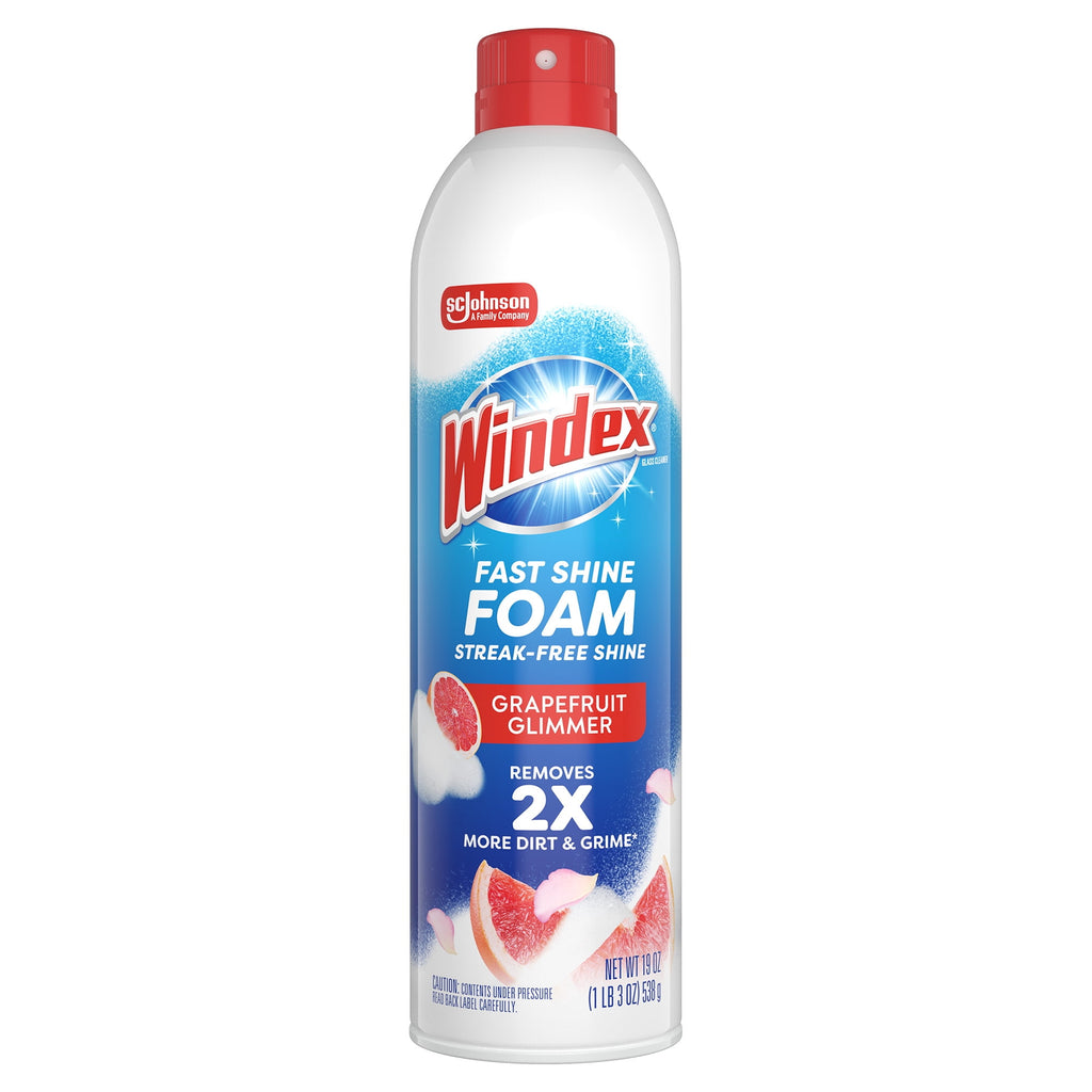 Windex Fast Shine Foam Glass - Window, and Mirror All-Purpose Cleaner, No-Drip Aerosol Cleaning Spray, Grapefruit, 19 oz