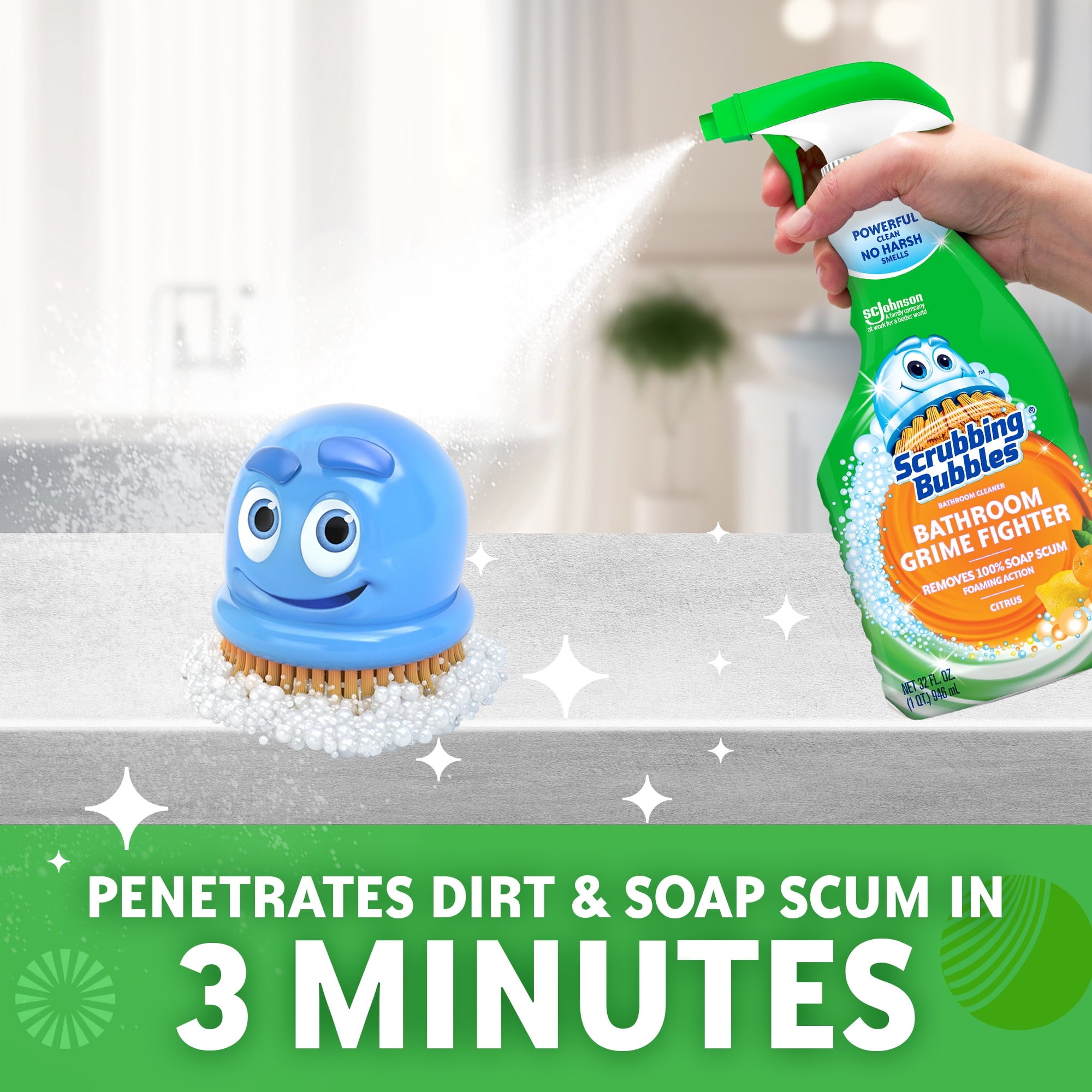 Scrubbing Bubbles Disinfectant Bathroom Shower & Tub Cleaner Grime Fighter Spray - Citrus, 32 oz