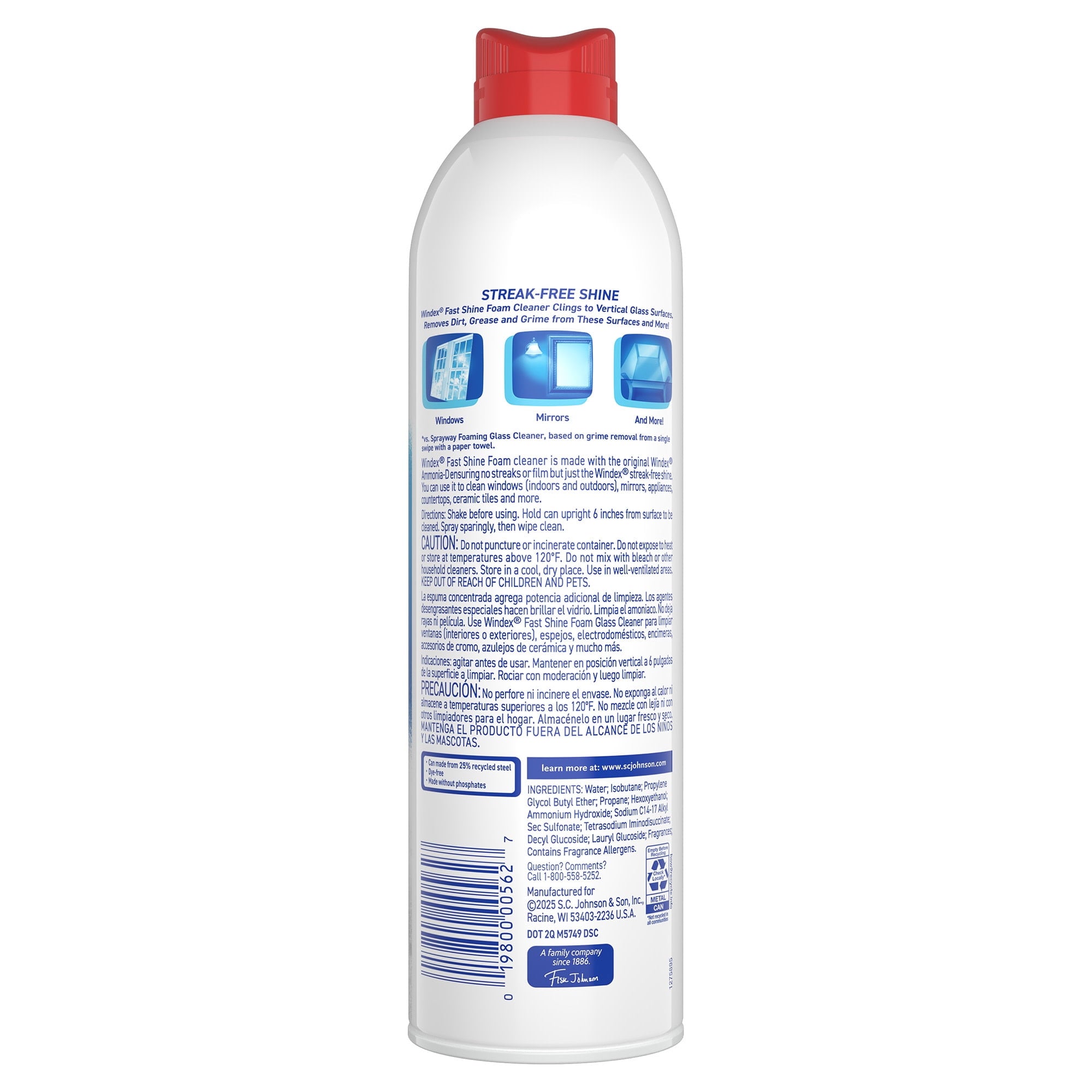 Windex Fast Shine Foam Glass - Window, and Mirror All-Purpose Cleaner, No-Drip Aerosol Cleaning Spray, Grapefruit, 19 oz