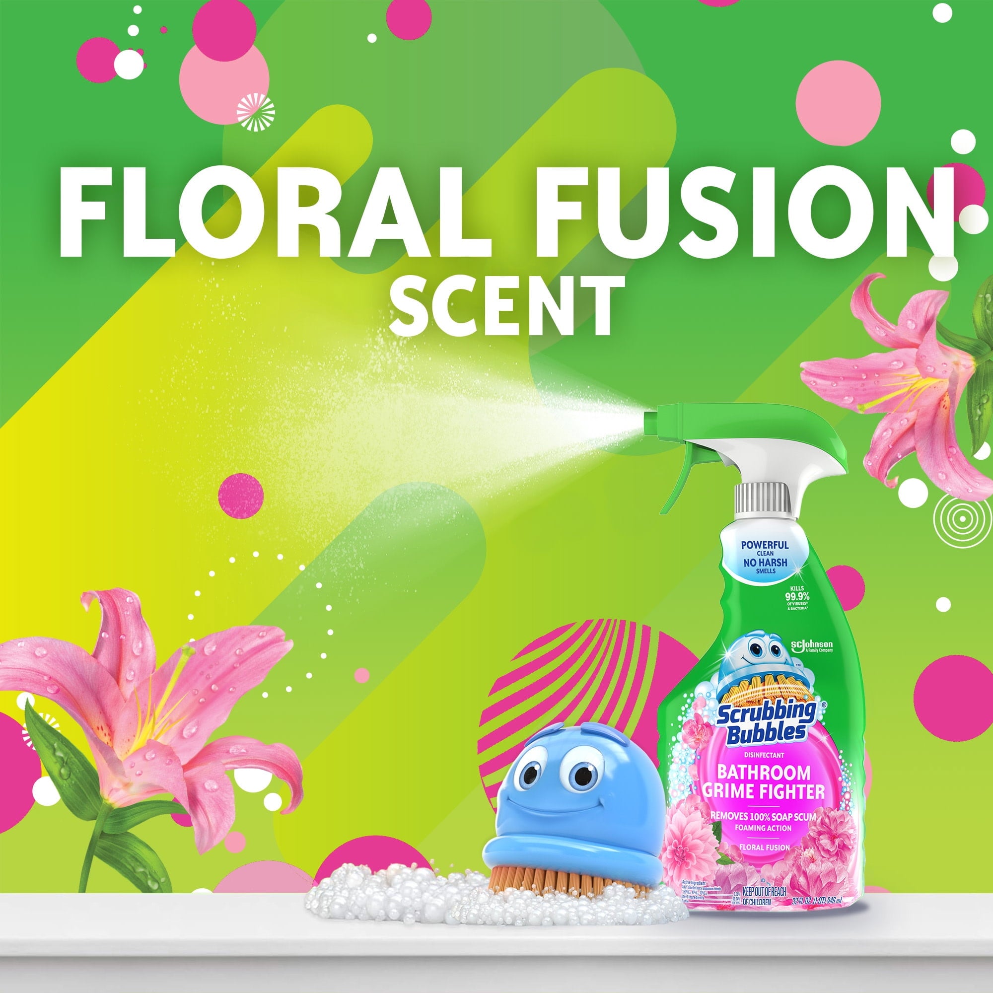 Scrubbing Bubbles Disinfectant Bathroom Shower & Tub Cleaner Grime Fighter Spray - Floral Fusion, 32 oz