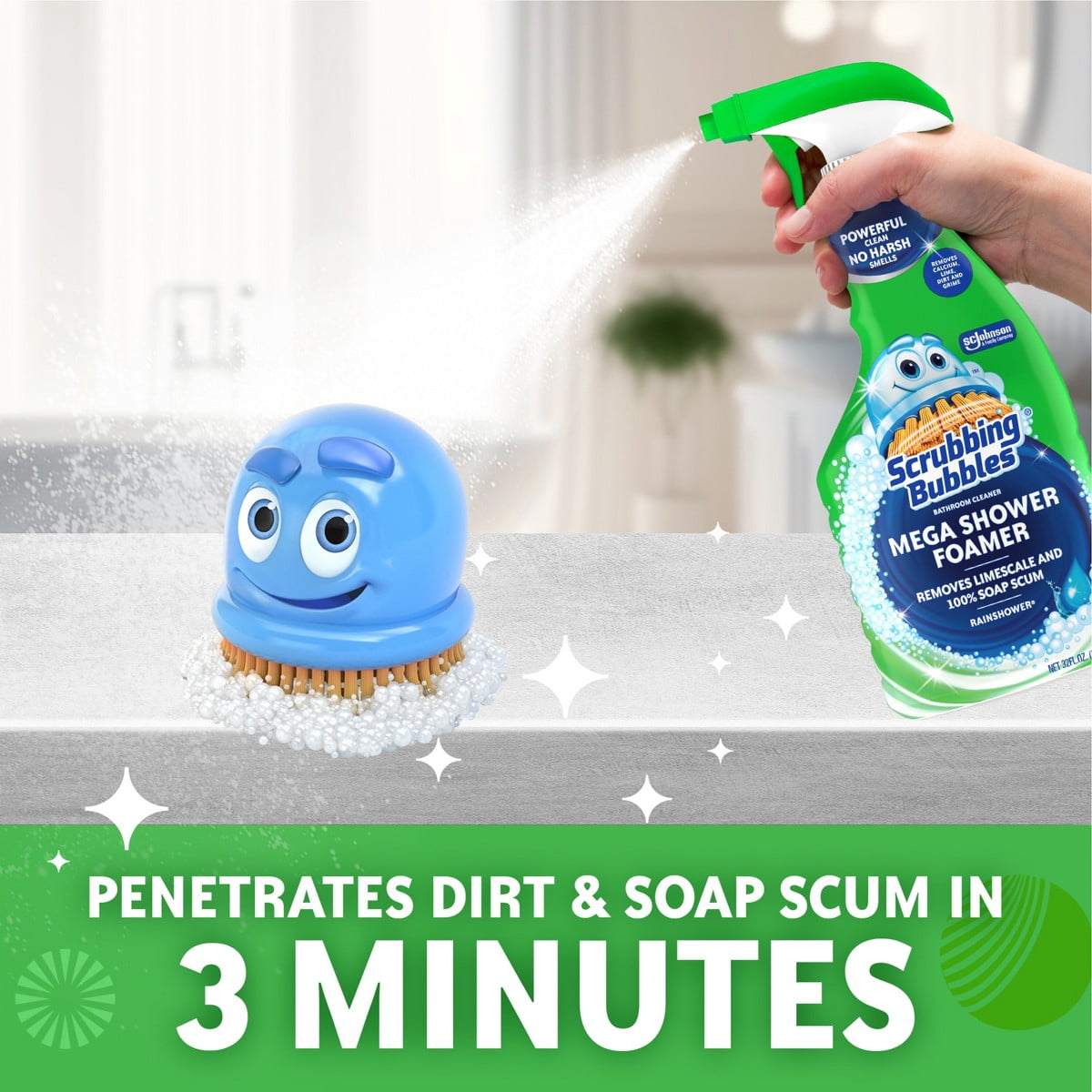 Scrubbing Bubbles Mega Bathroom Shower Cleaner Foam Disinfectant Spray - Rainshower - 32 fl oz: Dye-Free - Multi-Surface, Countertops, Tub