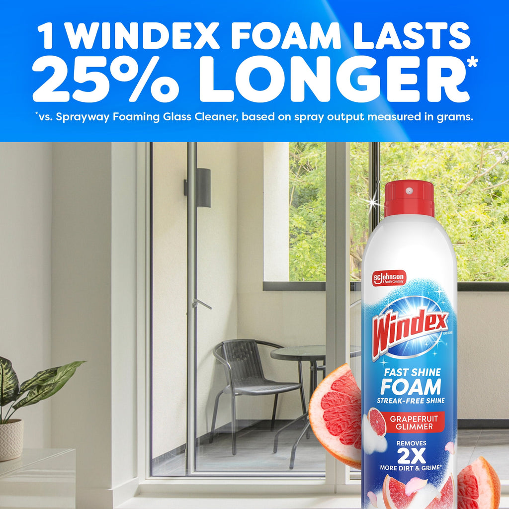 Windex Fast Shine Foam Glass - Window, and Mirror All-Purpose Cleaner, No-Drip Aerosol Cleaning Spray, Grapefruit, 19 oz